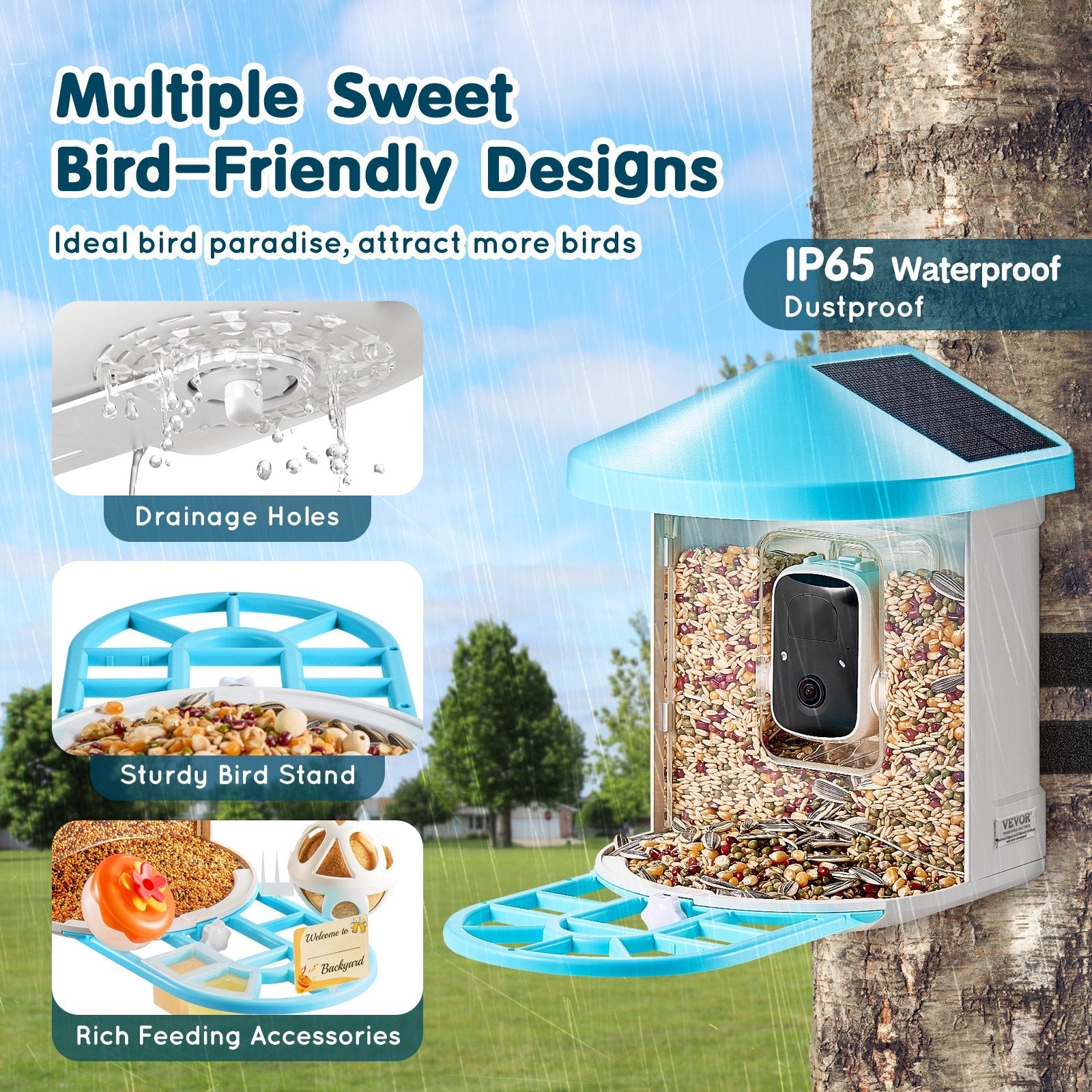 VEVOR Smart Bird Feeder with Camera 2K HD AI Identify Bird Species Solar-Powered 