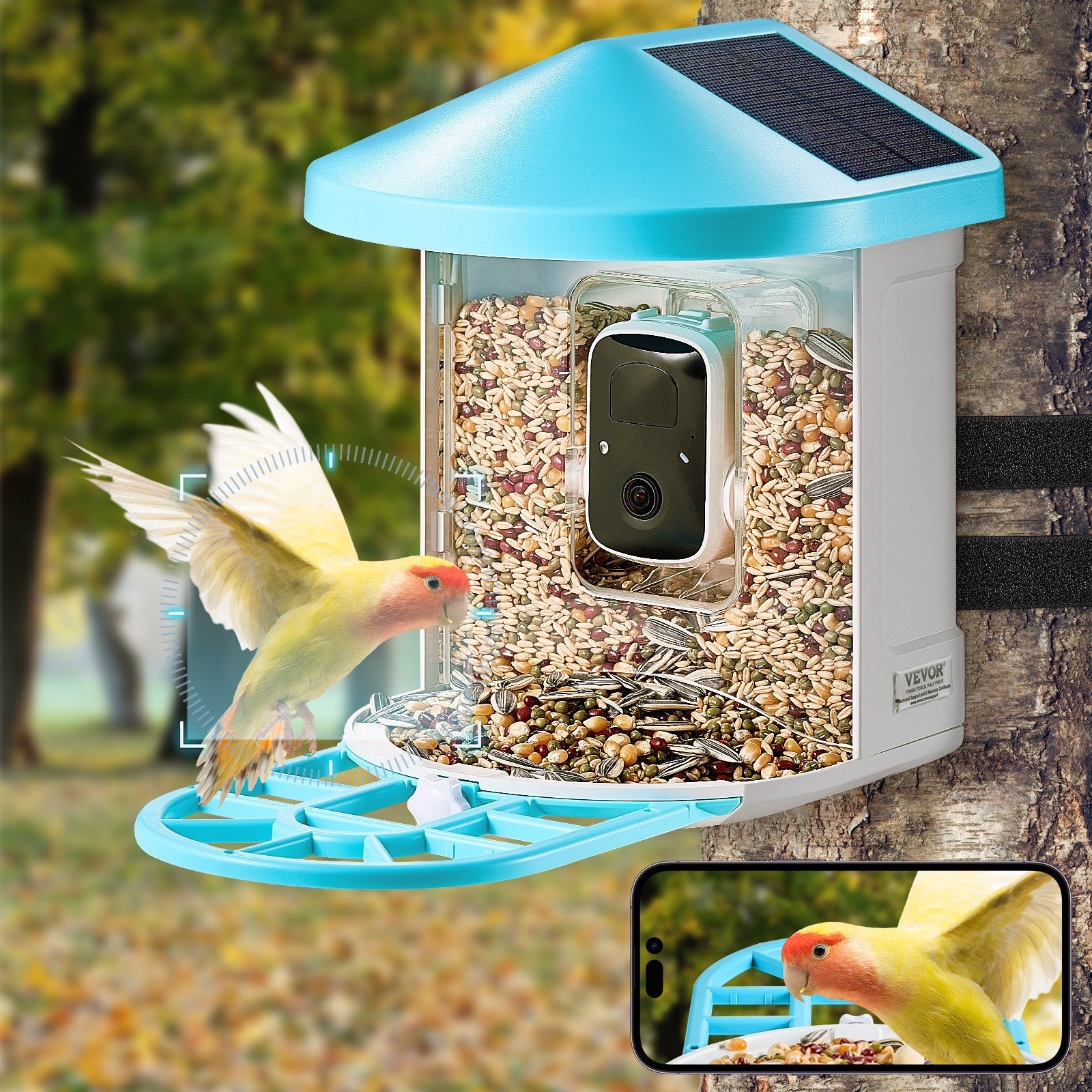 VEVOR Smart Bird Feeder with Camera 2K HD AI Identify Bird Species Solar-Powered 