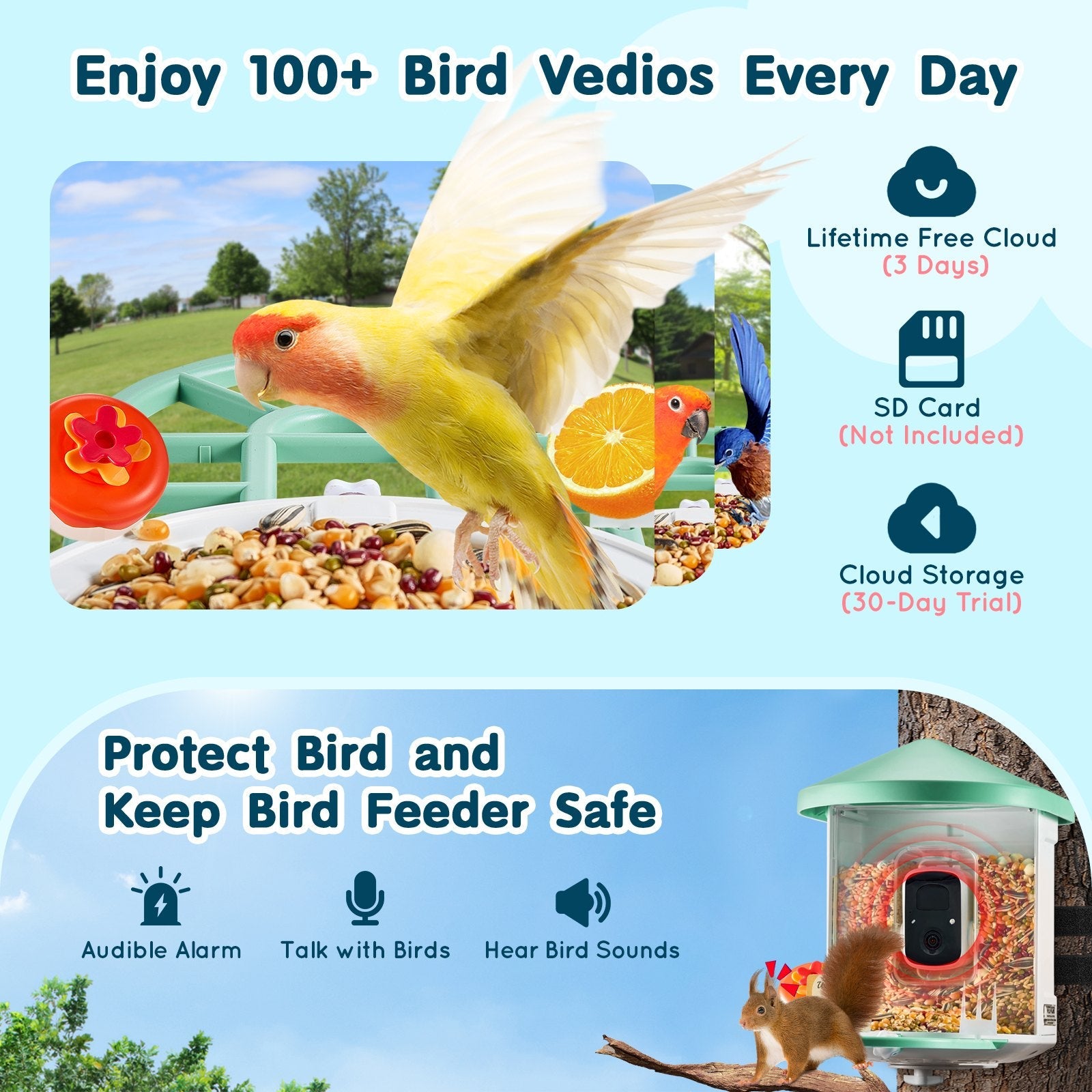 VEVOR Smart Bird Feeder with Camera AI Identify 10000+ Bird Specie Solar-Powered 