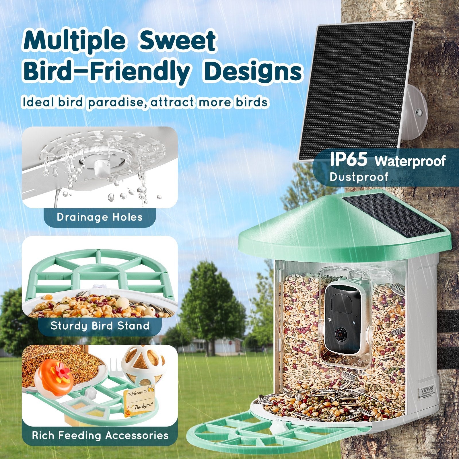 VEVOR Smart Bird Feeder with Camera AI Identify 10000+ Bird Specie Solar-Powered 