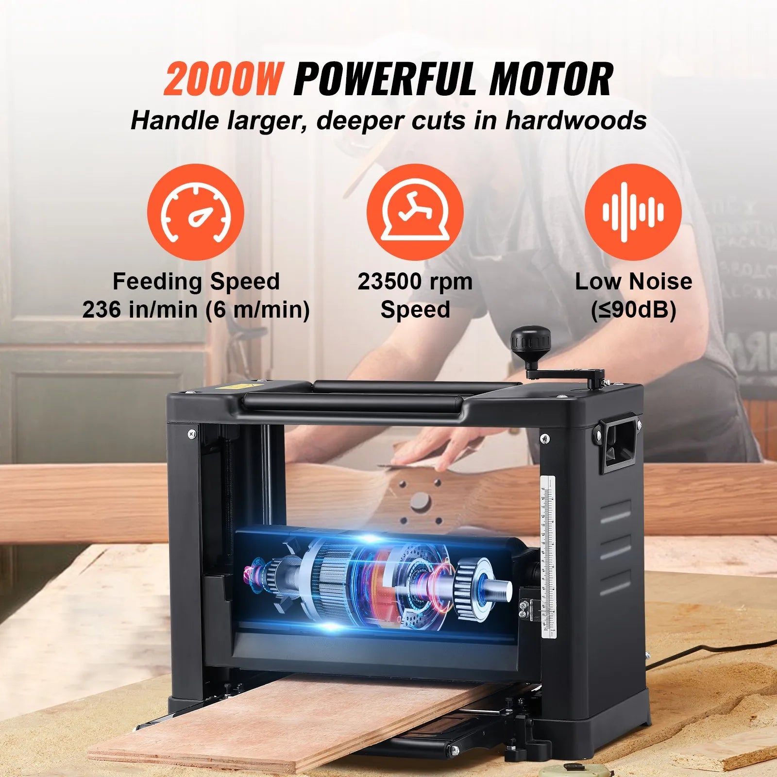 VEVOR Thickness Planer, Single Speed, 13" Width Worktable Benchtop Planer, Double-Blade, 15-Amp 1800W Powerful Motor, 12" Extended Infeeding Table, Low Noise for both hard & soft wood material removal