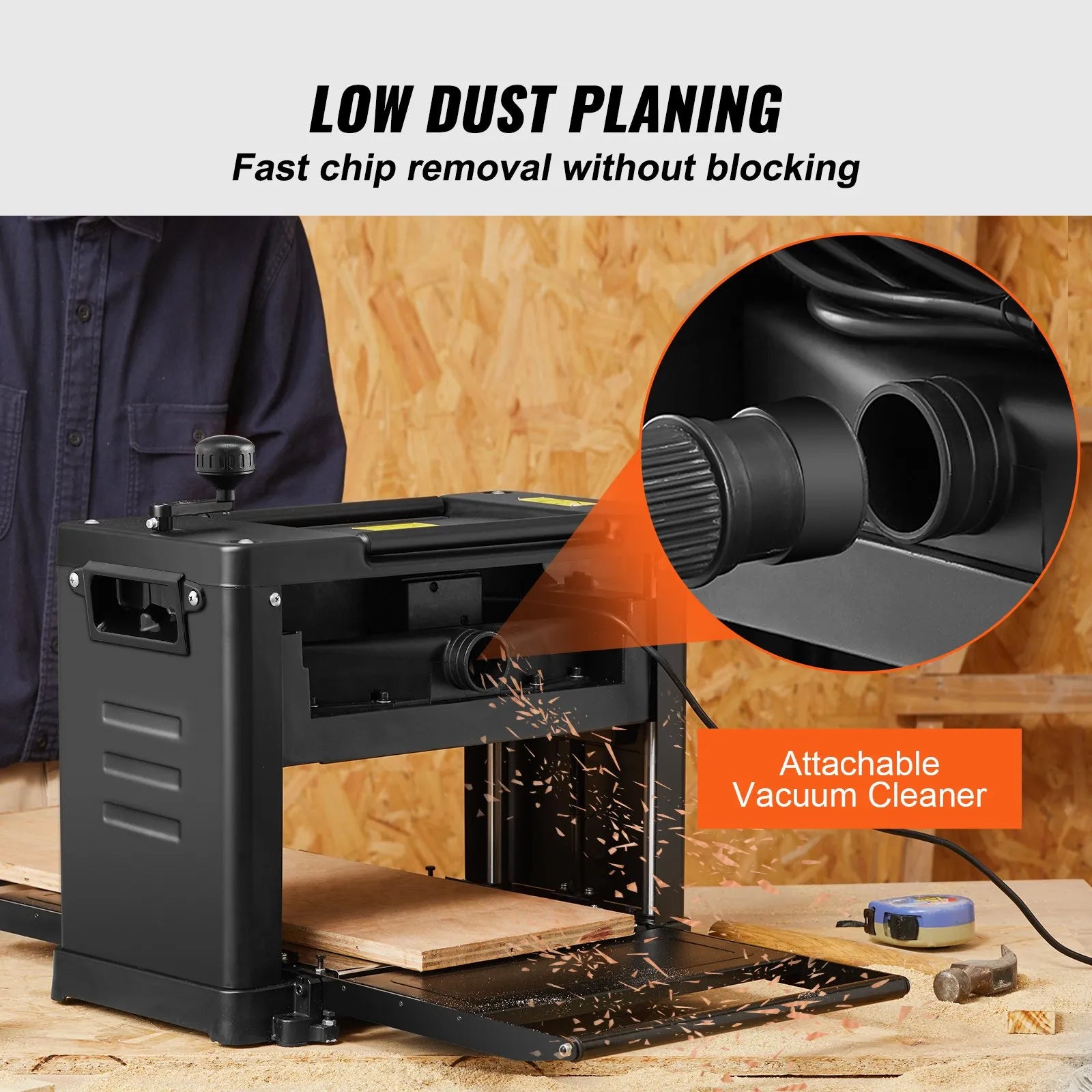VEVOR Thickness Planer, Single Speed, 13" Width Worktable Benchtop Planer, Double-Blade, 15-Amp 1800W Powerful Motor, 12" Extended Infeeding Table, Low Noise for both hard & soft wood material removal