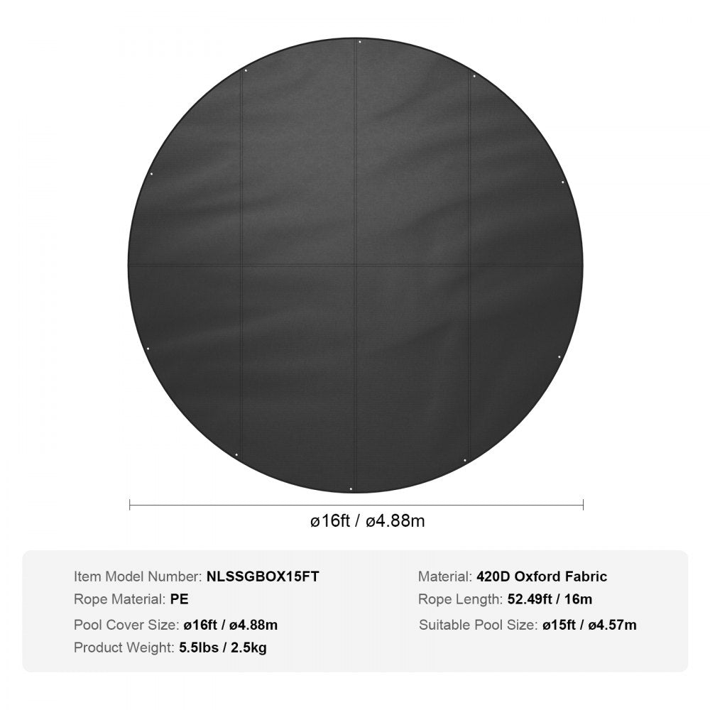 VEVOR 15 Ft Round Pool Cover, Solar Covers for Above Ground Pools, Safety Pool Cover with Drawstring Design, 420D Oxford Fabric Winter Pool Cover, Waterproof and Dustproof, Black 