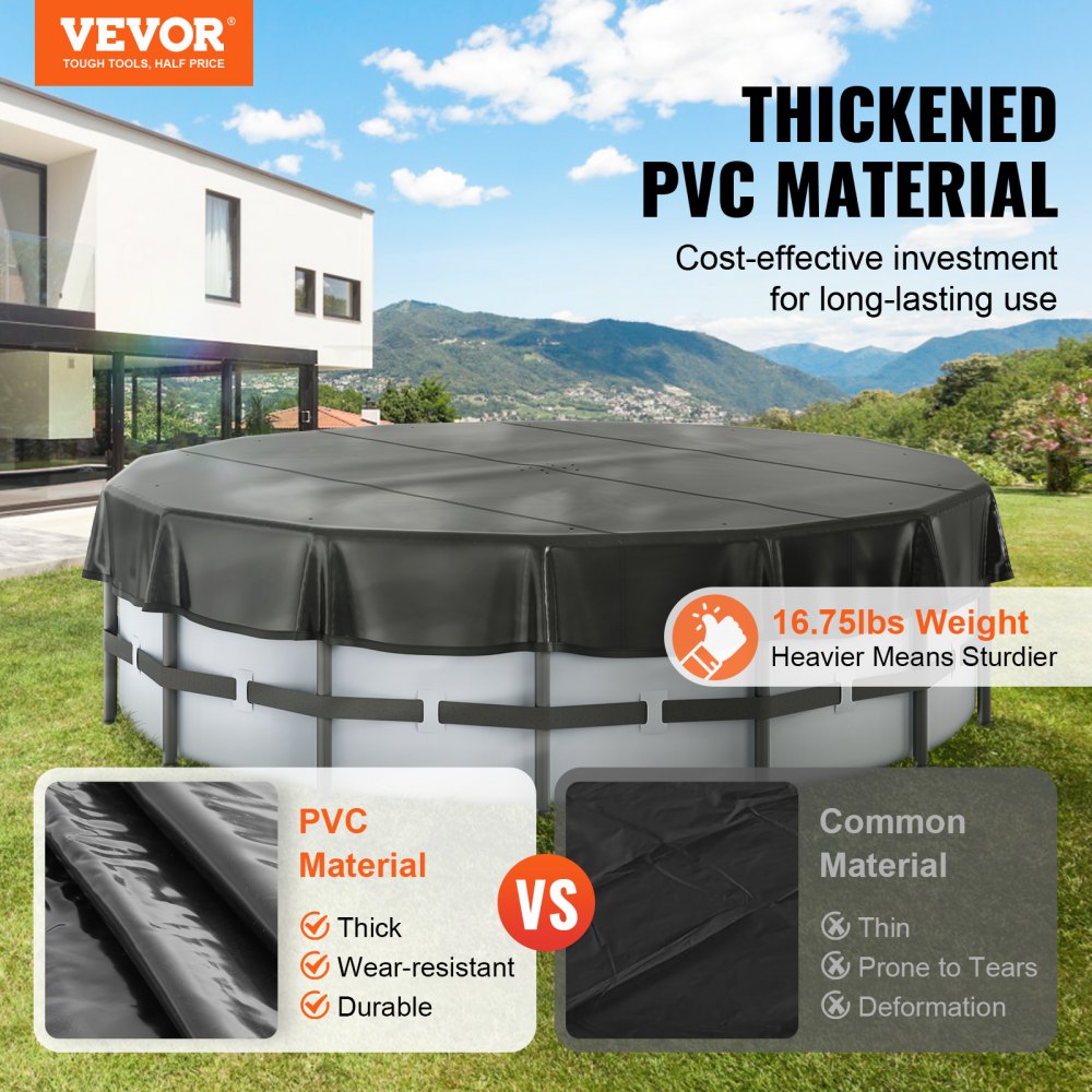 VEVOR 15 Ft Round Pool Cover, Solar Covers for Above Ground Pools, Safety Pool Cover with Drawstring Design, PVC Summer Pool Cover, Waterproof and Dustproof, Black 