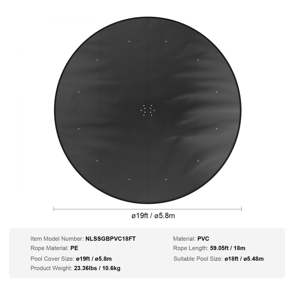 VEVOR 18 Ft Round Pool Cover, Solar Covers for Above Ground Pools, Safety Pool Cover with Drawstring Design, PVC Summer Pool Cover, Waterproof and Dustproof, Black 