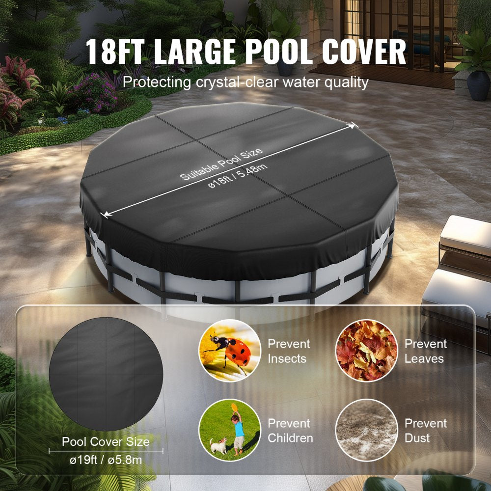VEVOR 18 Ft Round Pool Cover, Solar Covers for Above Ground Pools, Safety Pool Cover with Drawstring Design, 420D Oxford Fabric Summer Pool Cover, Waterproof and Dustproof, Black 