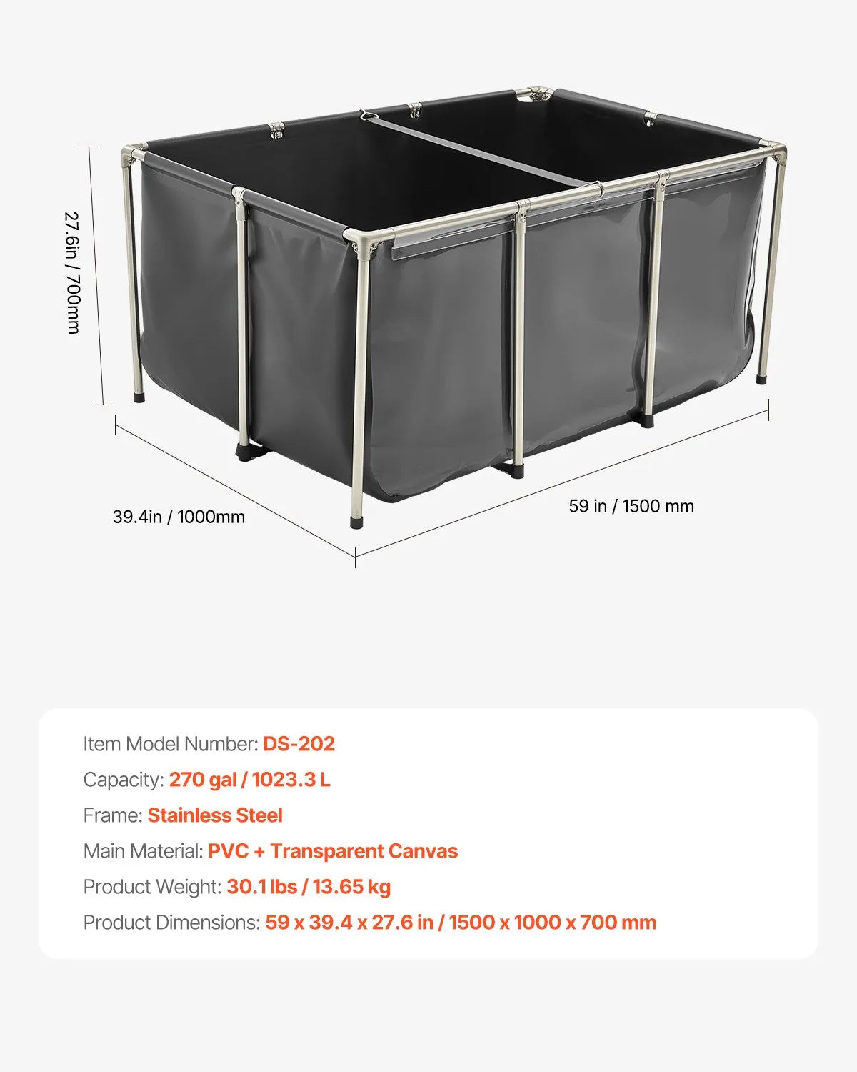 VEVOR Canvas Fish Pond Above Ground Koi Tank 270 Gal with Clear Viewing Panel