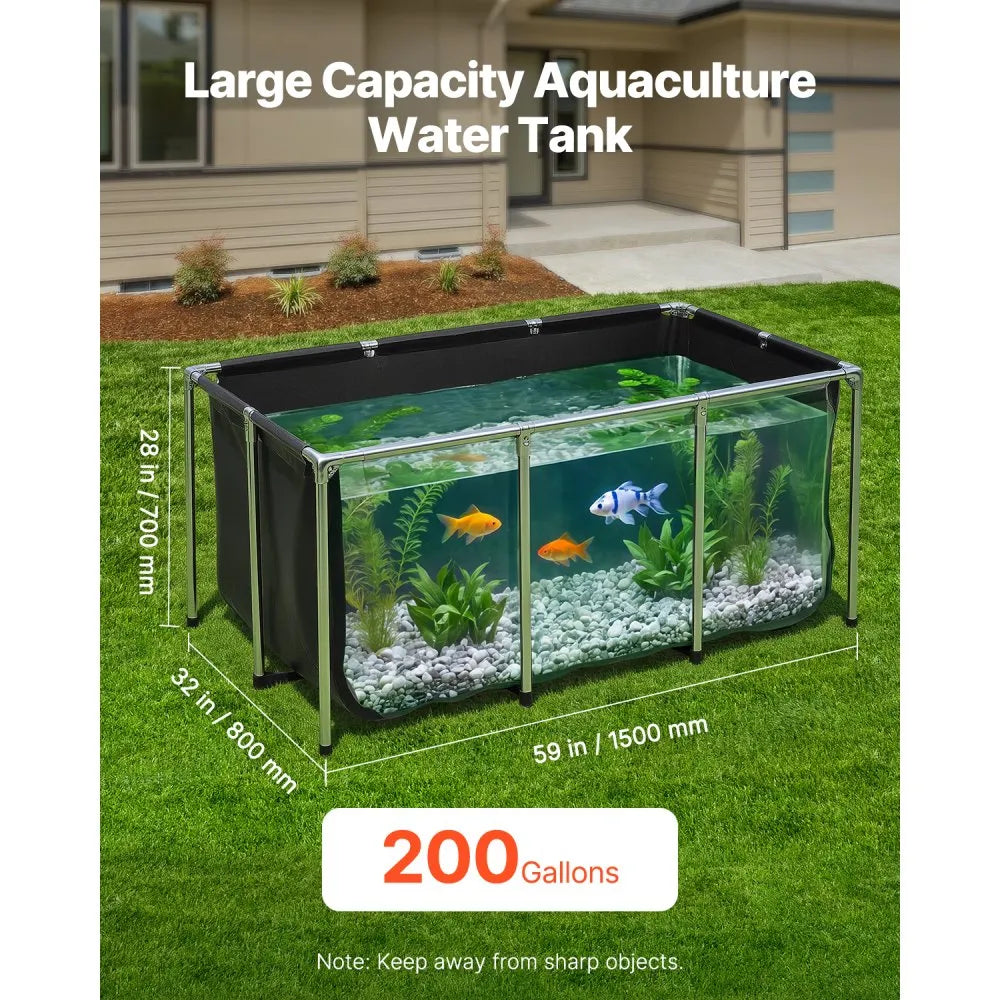 200-Gallon Above Ground Canvas Fish Pond with Clear Viewing Window, Stainless Steel Frame & Drain Valve