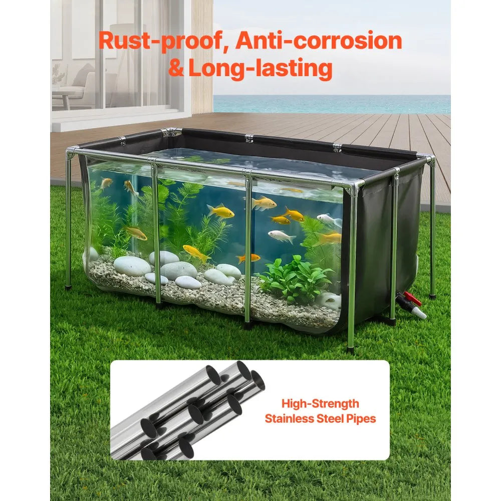 200-Gallon Above Ground Canvas Fish Pond with Clear Viewing Window, Stainless Steel Frame & Drain Valve