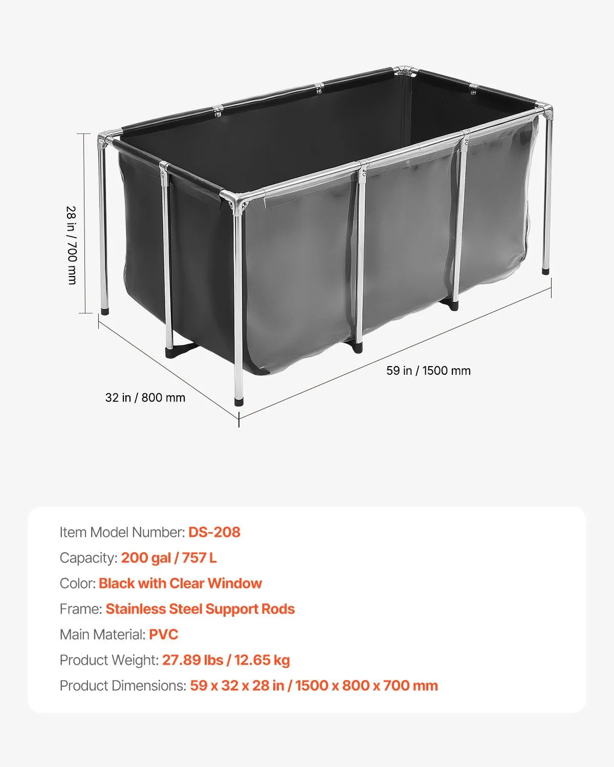 200-Gallon Above Ground Canvas Fish Pond with Clear Viewing Window, Stainless Steel Frame & Drain Valve