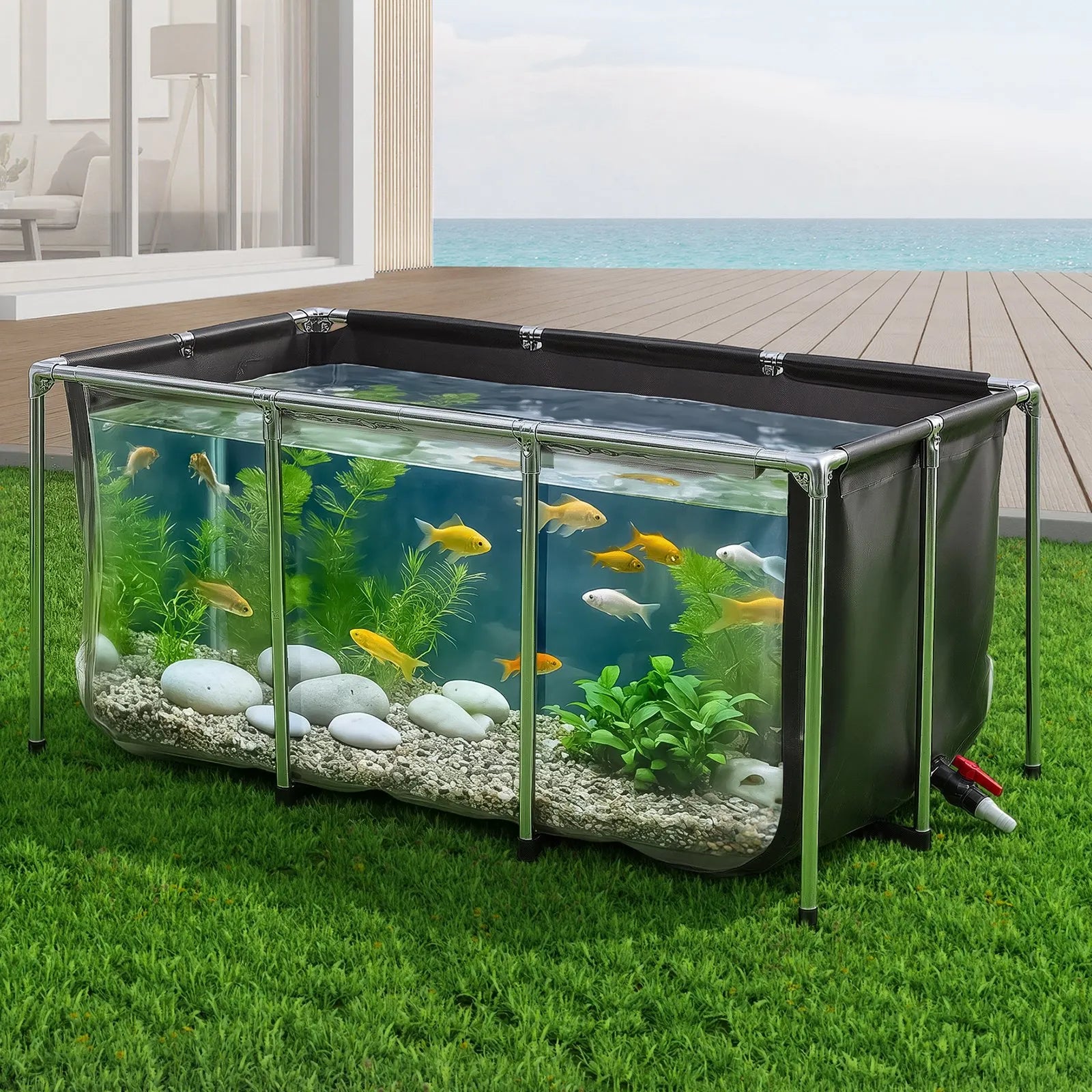 200-Gallon Above Ground Canvas Fish Pond with Clear Viewing Window, Stainless Steel Frame & Drain Valve