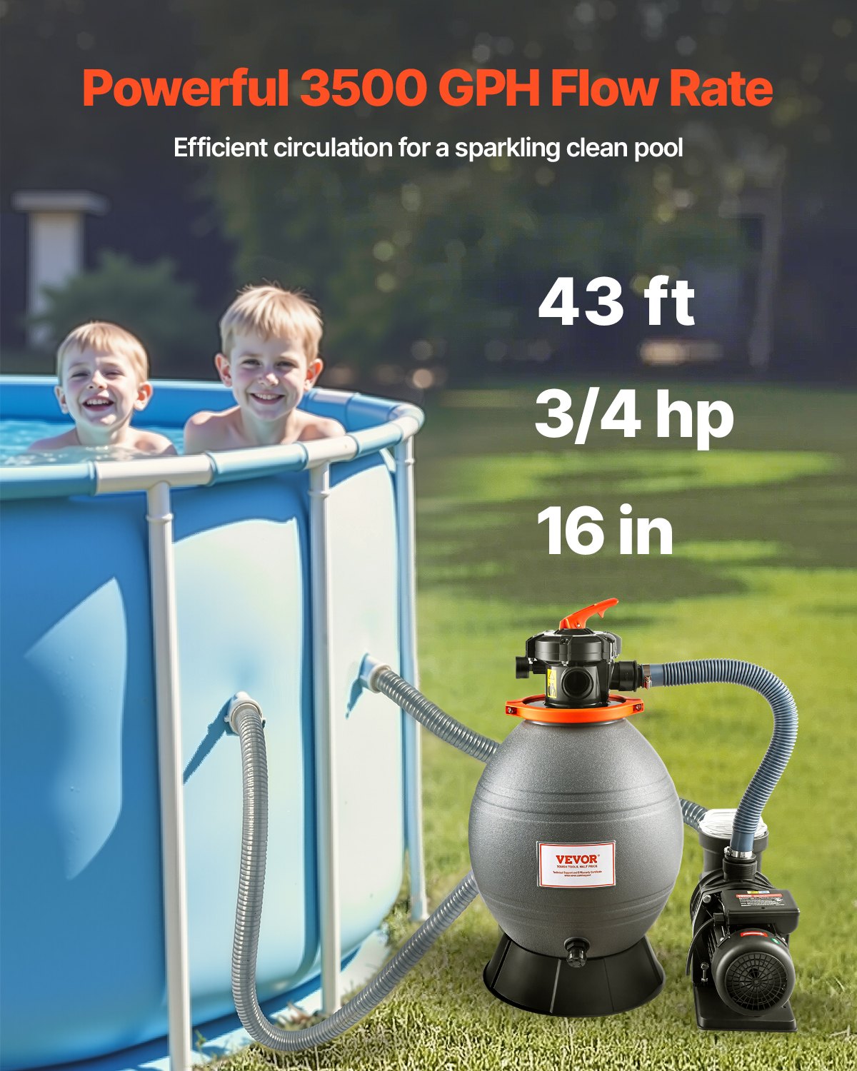 VEVOR 16 in Sand Filter Pump for Above Ground Swimming Pools 3/4 HP 3500 GPH 