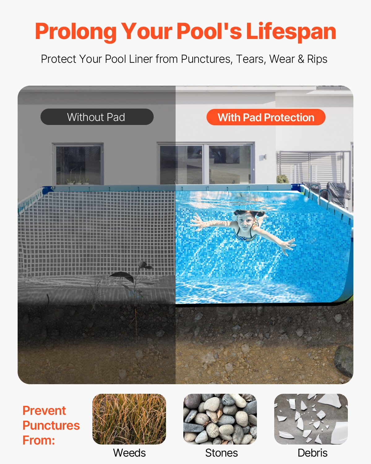 VEVOR 12x24ft Rectangle Pool Liner Pad Heavy Duty Pool Mat Prevent Punctures 
