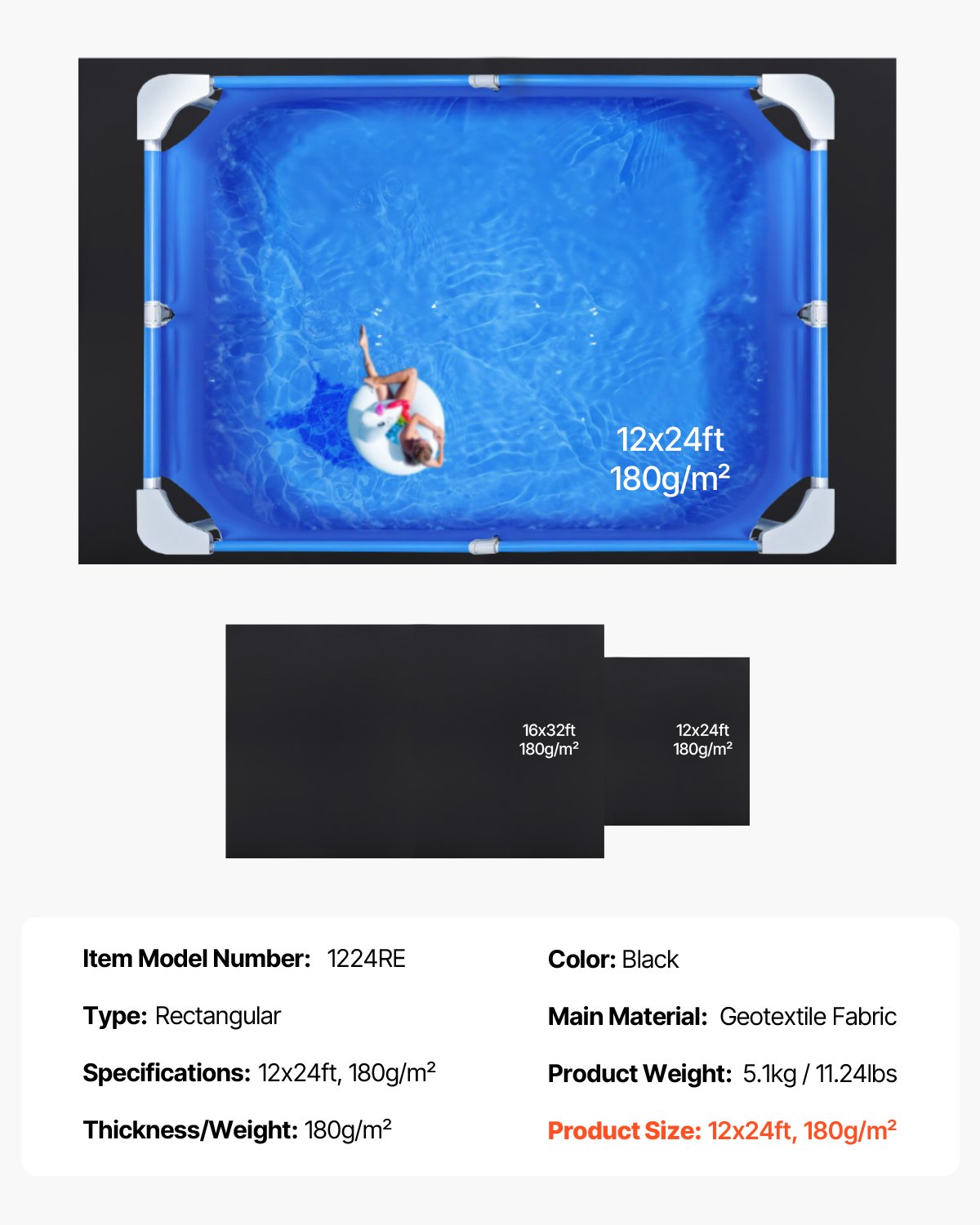 VEVOR 12x24ft Rectangle Pool Liner Pad Heavy Duty Pool Mat Prevent Punctures 