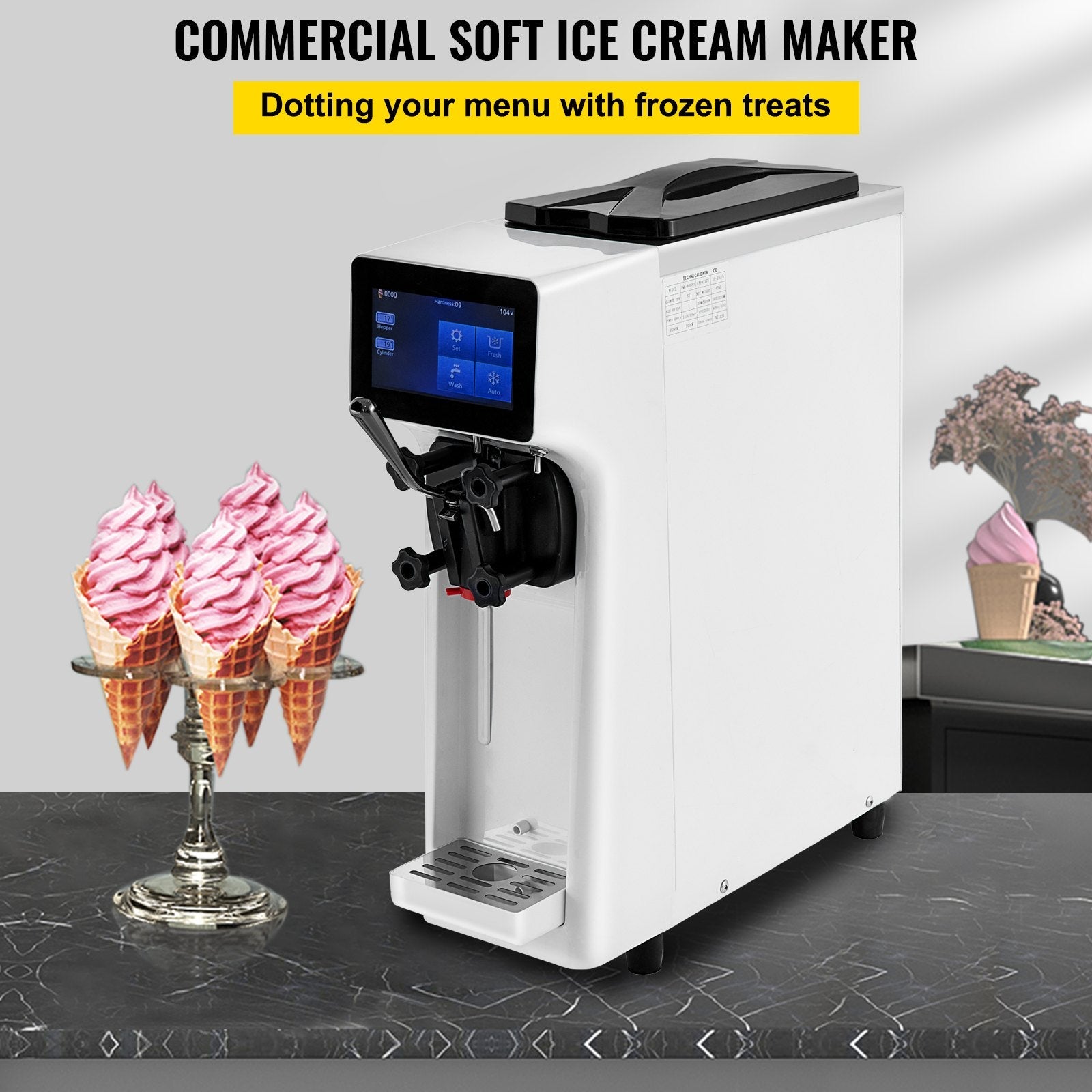 VEVOR Commercial Ice Cream Maker, 10-20L/H Yield, 1000W Countertop Soft Serve Machine with 4.5L Hopper 1.6L Cylinder Touch Screen Puffing Shortage Alarm, Frozen Yogurt Maker for Café Snack Bar, White 