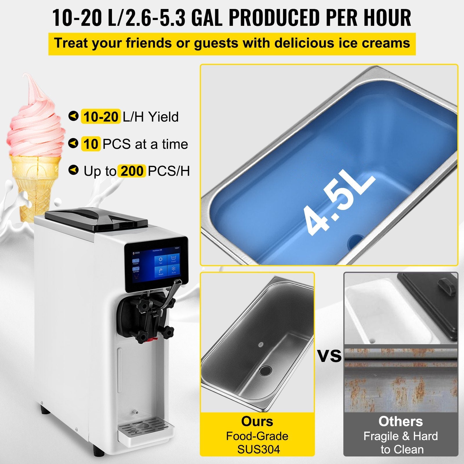 VEVOR Commercial Ice Cream Maker, 10-20L/H Yield, 1000W Countertop Soft Serve Machine with 4.5L Hopper 1.6L Cylinder Touch Screen Puffing Shortage Alarm, Frozen Yogurt Maker for Café Snack Bar, White 