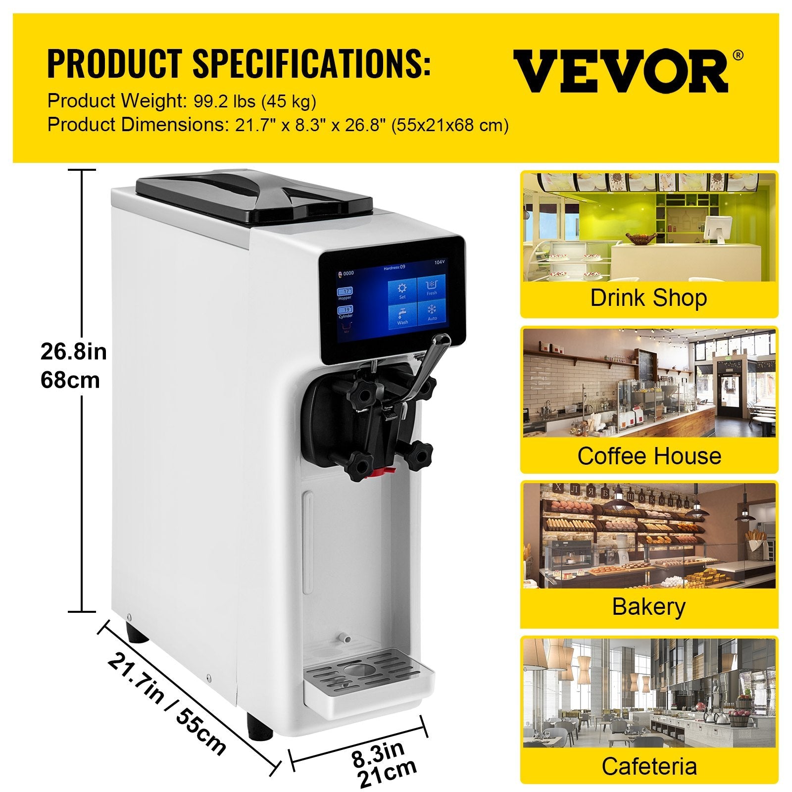 VEVOR Commercial Ice Cream Maker, 10-20L/H Yield, 1000W Countertop Soft Serve Machine with 4.5L Hopper 1.6L Cylinder Touch Screen Puffing Shortage Alarm, Frozen Yogurt Maker for Café Snack Bar, White 