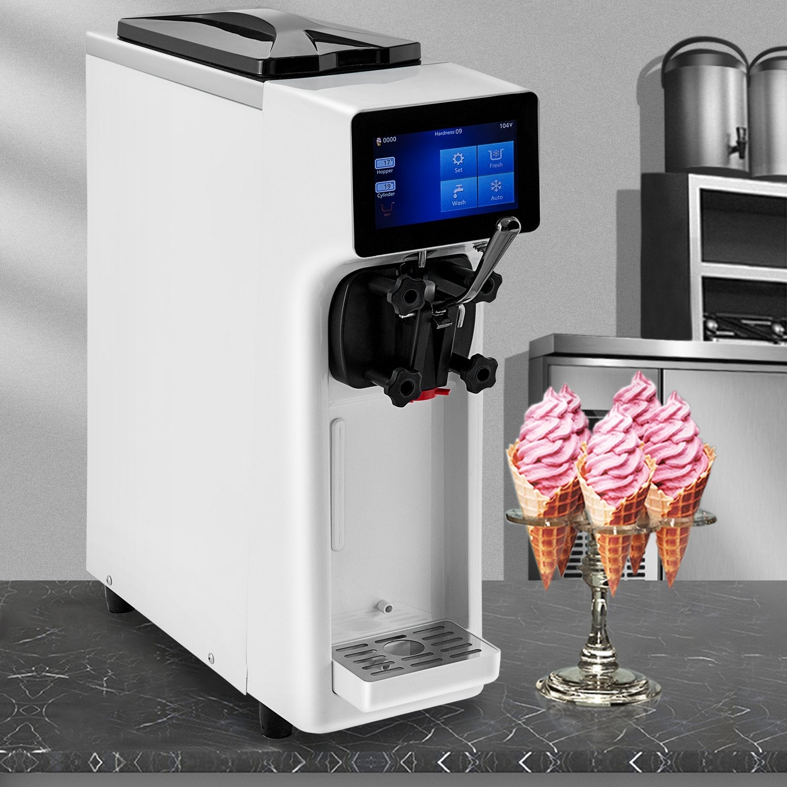 VEVOR Commercial Ice Cream Maker, 10-20L/H Yield, 1000W Countertop Soft Serve Machine with 4.5L Hopper 1.6L Cylinder Touch Screen Puffing Shortage Alarm, Frozen Yogurt Maker for Café Snack Bar, White 