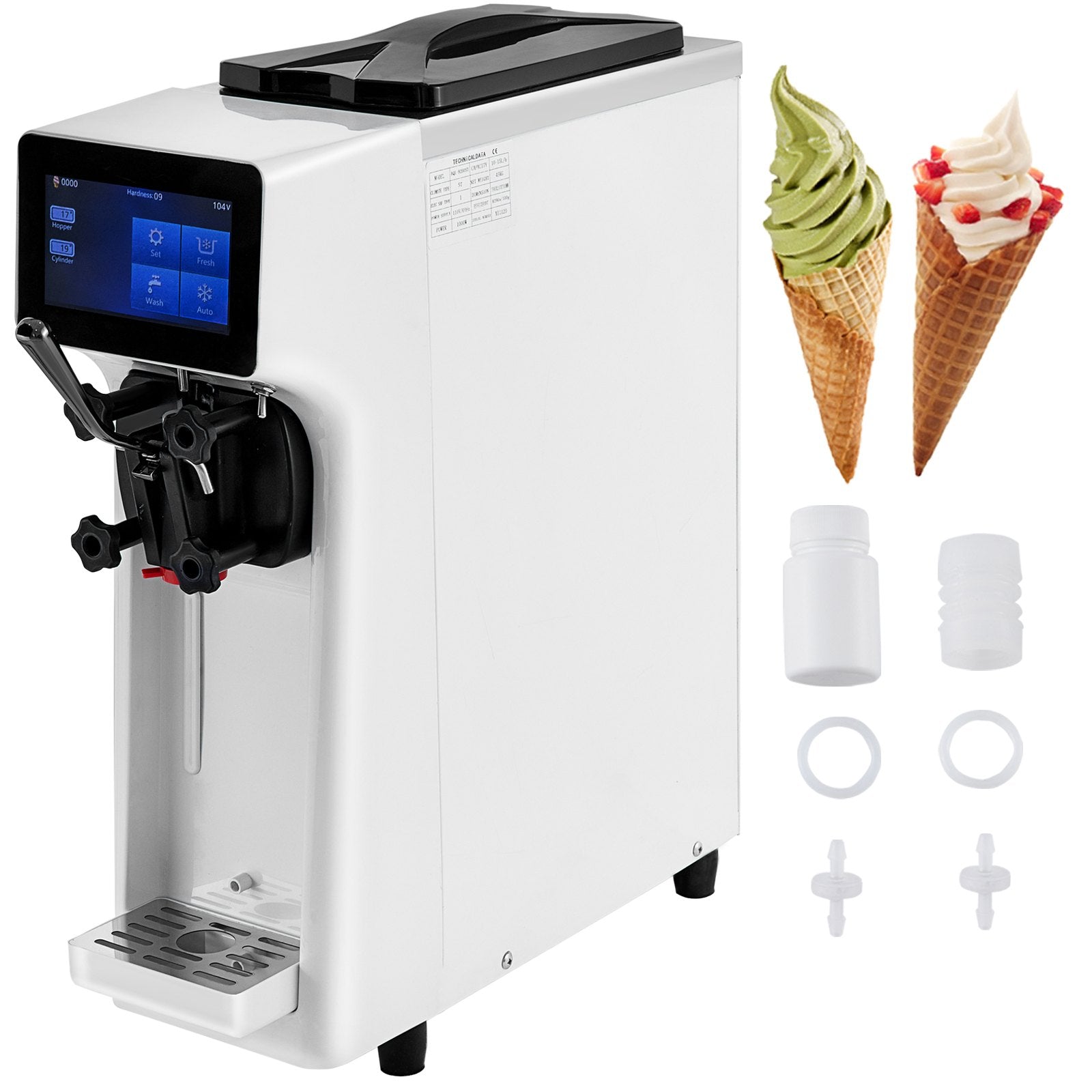 VEVOR Commercial Ice Cream Maker, 10-20L/H Yield, 1000W Countertop Soft Serve Machine with 4.5L Hopper 1.6L Cylinder Touch Screen Puffing Shortage Alarm, Frozen Yogurt Maker for Café Snack Bar, White 