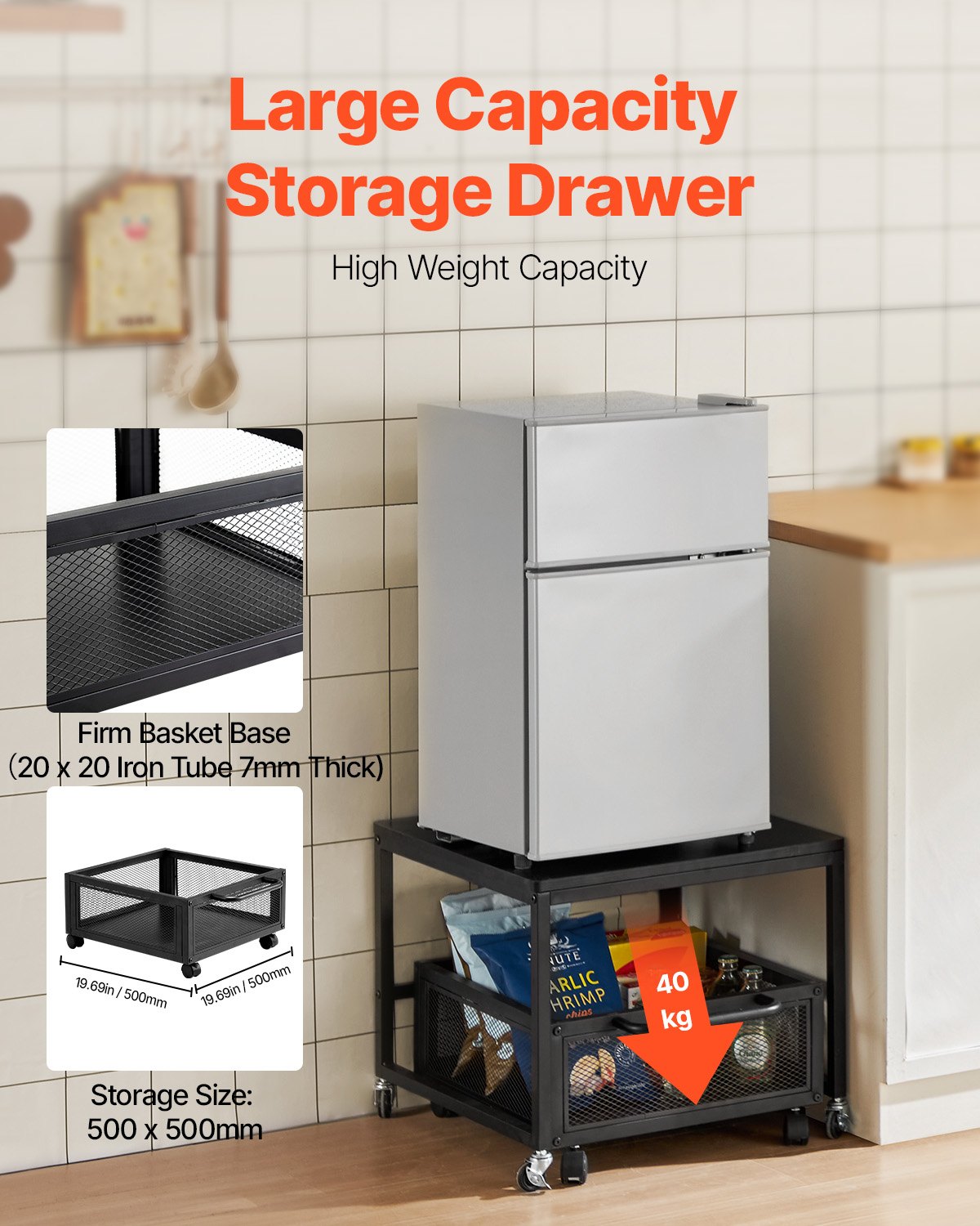 VEVOR Mini Fridge Stand 198lbs with Storage Storage Cart & Swivel Wheels Black 