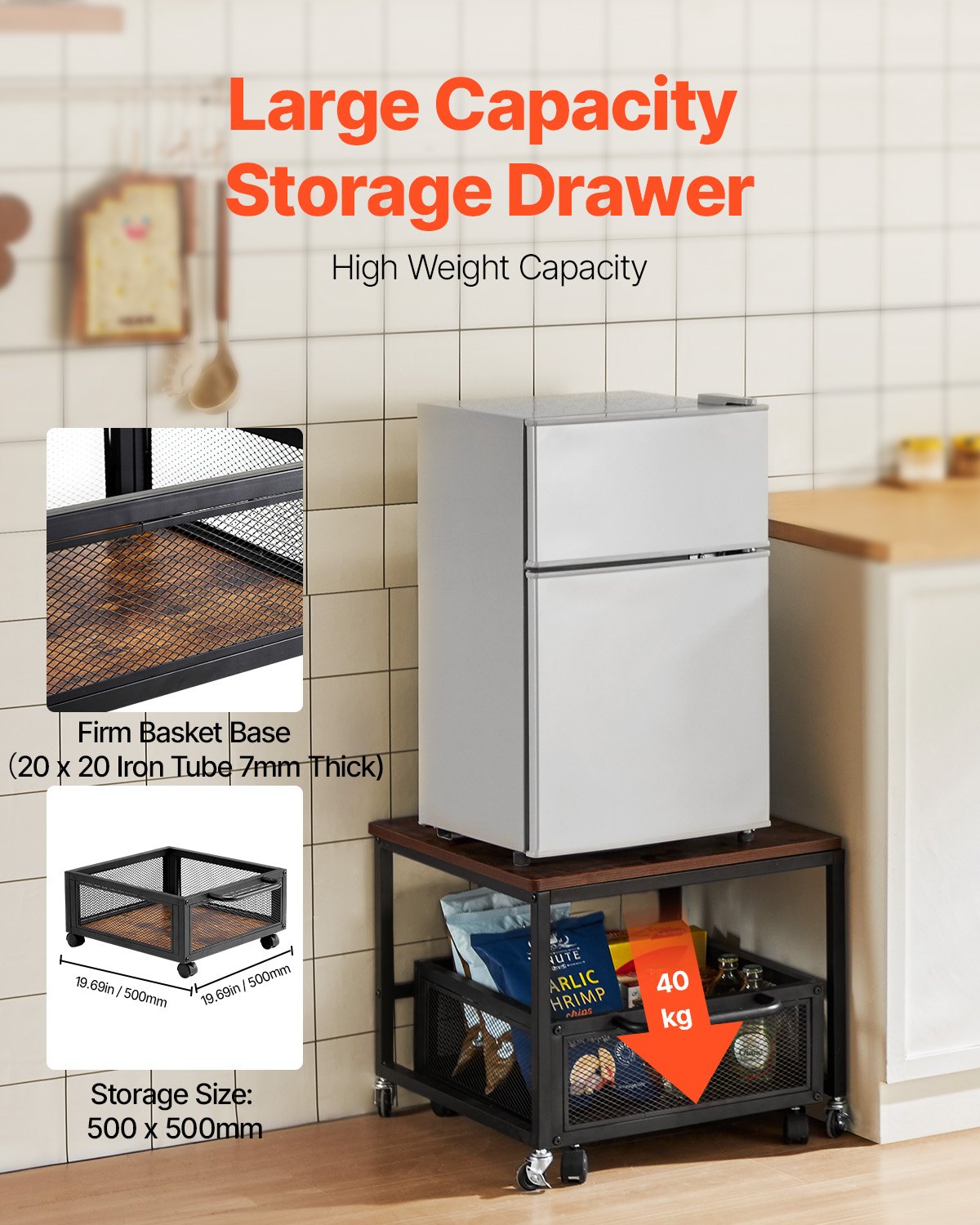 VEVOR Mini Fridge Stand 198lbs with Storage Cart & Swivel Wheels Dark Brown 