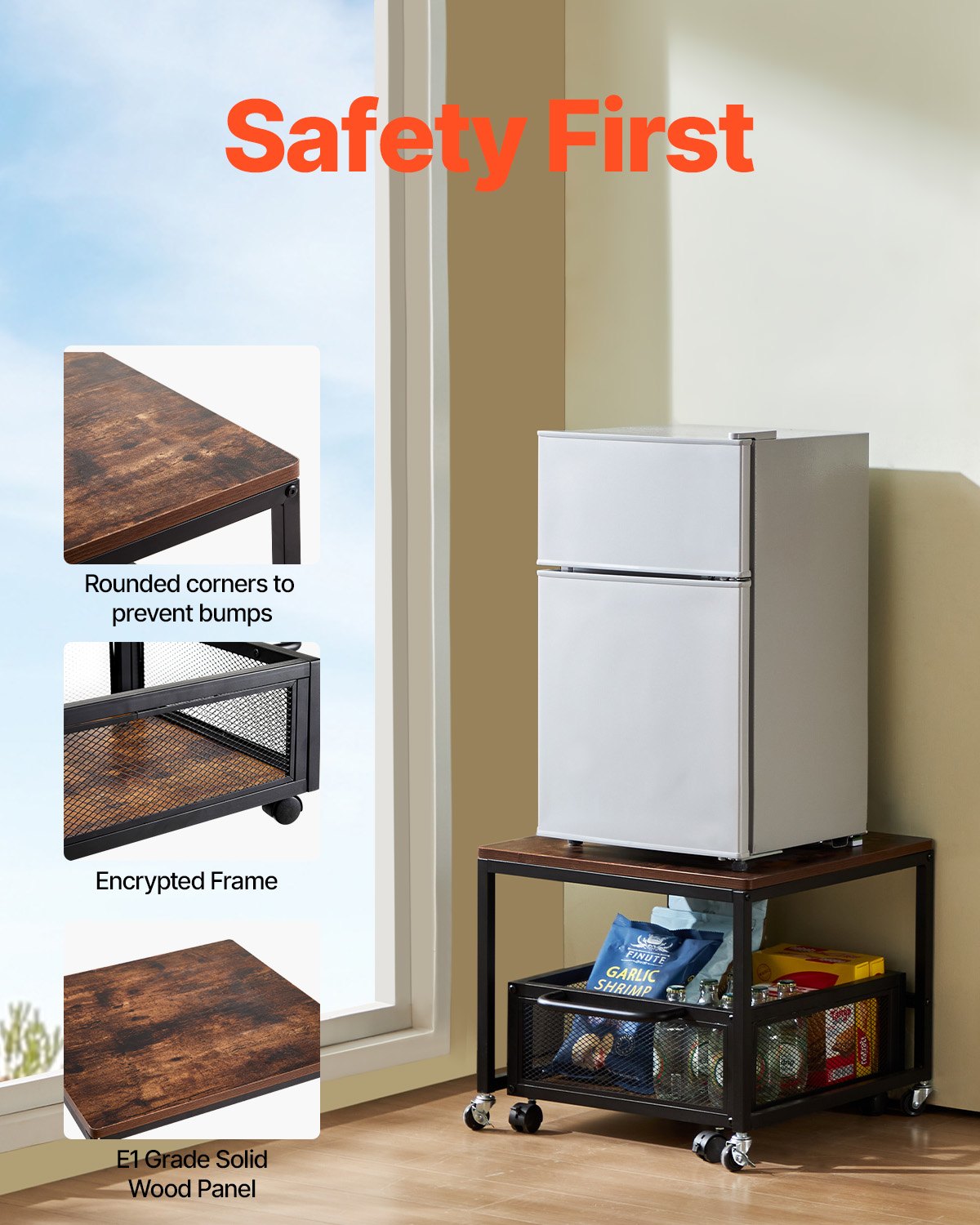 VEVOR Mini Fridge Stand 198lbs with Storage Cart & Swivel Wheels Dark Brown 