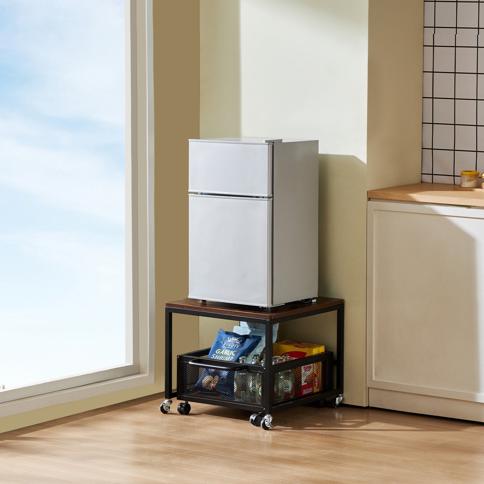 VEVOR Mini Fridge Stand 198lbs with Storage Cart & Swivel Wheels Dark Brown 