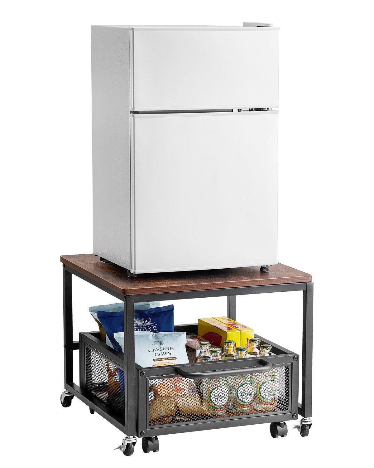 VEVOR Mini Fridge Stand 198lbs with Storage Cart & Swivel Wheels Dark Brown 