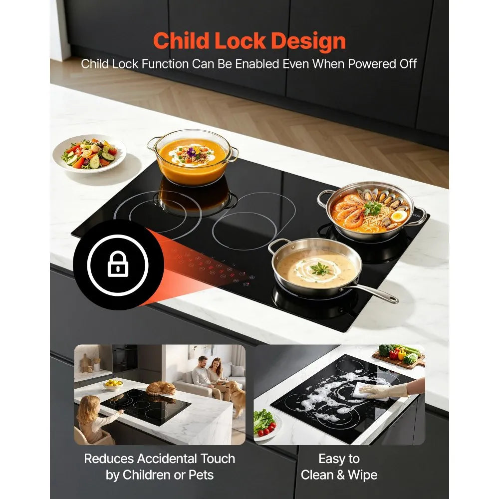 30-Inch Built-In Electric Ceramic Cooktop, 5 Burners, 8900W, Touch Control, 220–240V