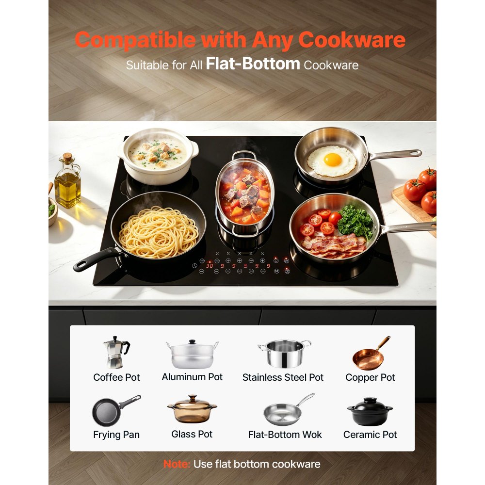 30-Inch Built-In Electric Ceramic Cooktop, 5 Burners, 8900W, Touch Control, 220–240V