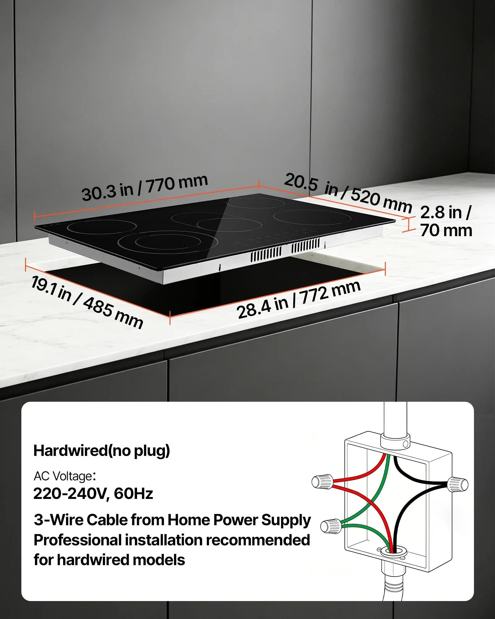 30-Inch Built-In Electric Ceramic Cooktop, 5 Burners, 8900W, Touch Control, 220–240V