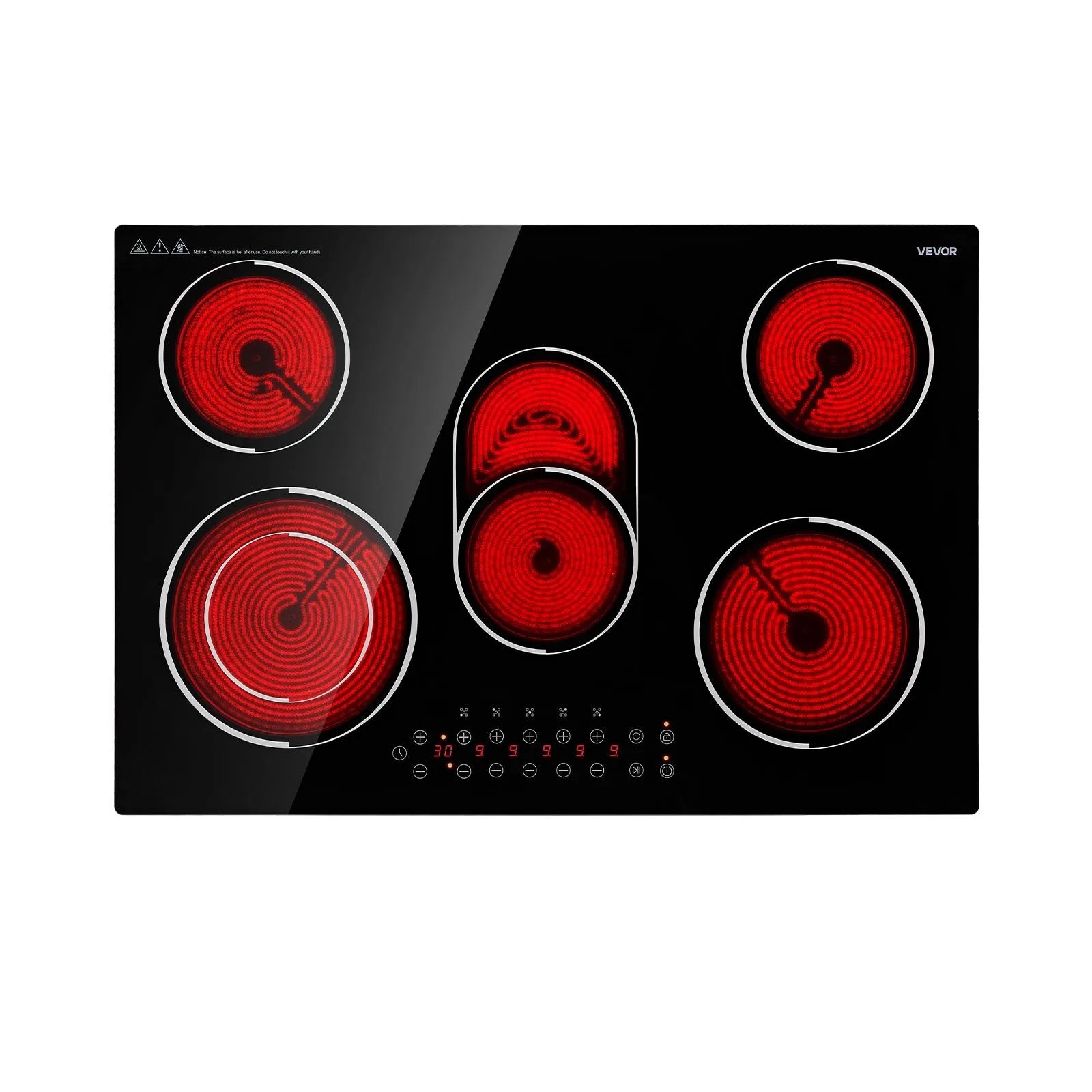 30-Inch Built-In Electric Ceramic Cooktop, 5 Burners, 8900W, Touch Control, 220–240V