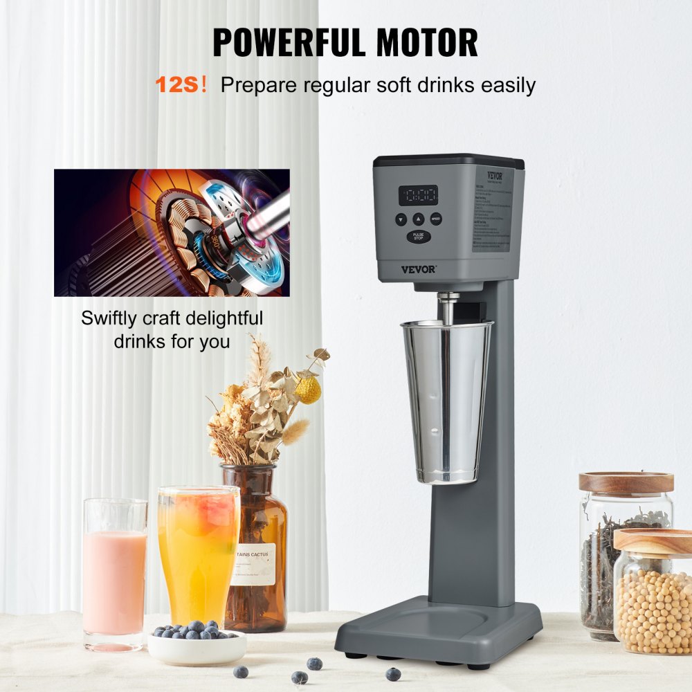 VEVOR Milkshake Maker, 375W Electric Milkshake Machine, Single Head Drink Mixer Blender Machine, LED Intelligent Microswitch, 3-Speed Milkshake Mixer with 820 ml Stainless Steel Cup 
