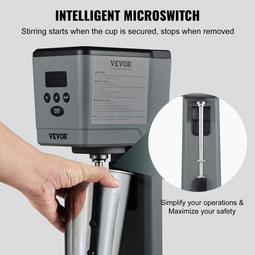 VEVOR Milkshake Maker, 375W Electric Milkshake Machine, Single Head Drink Mixer Blender Machine, LED Intelligent Microswitch, 3-Speed Milkshake Mixer with 820 ml Stainless Steel Cup 