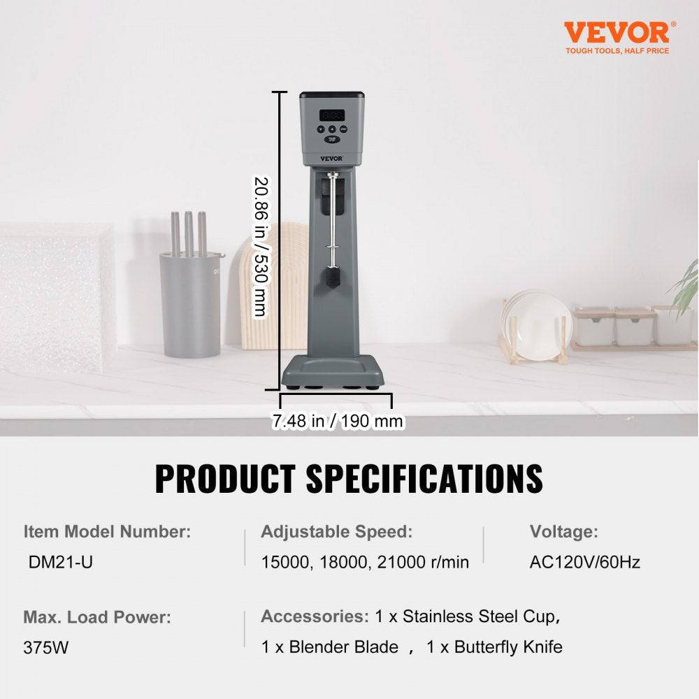 VEVOR Milkshake Maker, 375W Electric Milkshake Machine, Single Head Drink Mixer Blender Machine, LED Intelligent Microswitch, 3-Speed Milkshake Mixer with 820 ml Stainless Steel Cup 