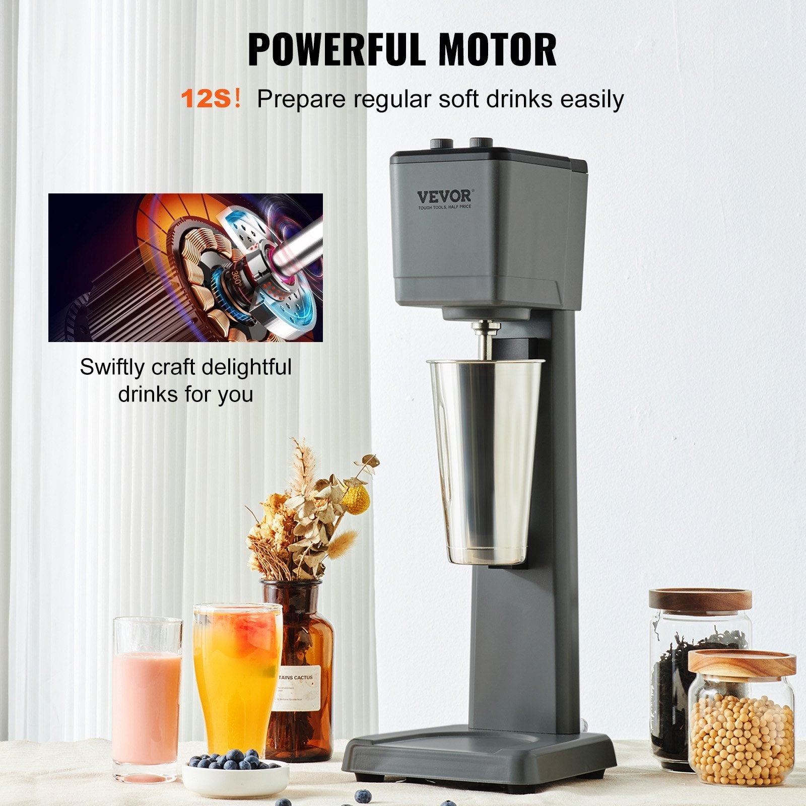VEVOR Milkshake Maker, 375W Electric Milkshake Machine, Single Head Drink Mixer Blender Machine, 3-Speed Milkshake Mixer with 820 ml Stainless Steel Cup, Milkshake Blender for Commercial and Home 