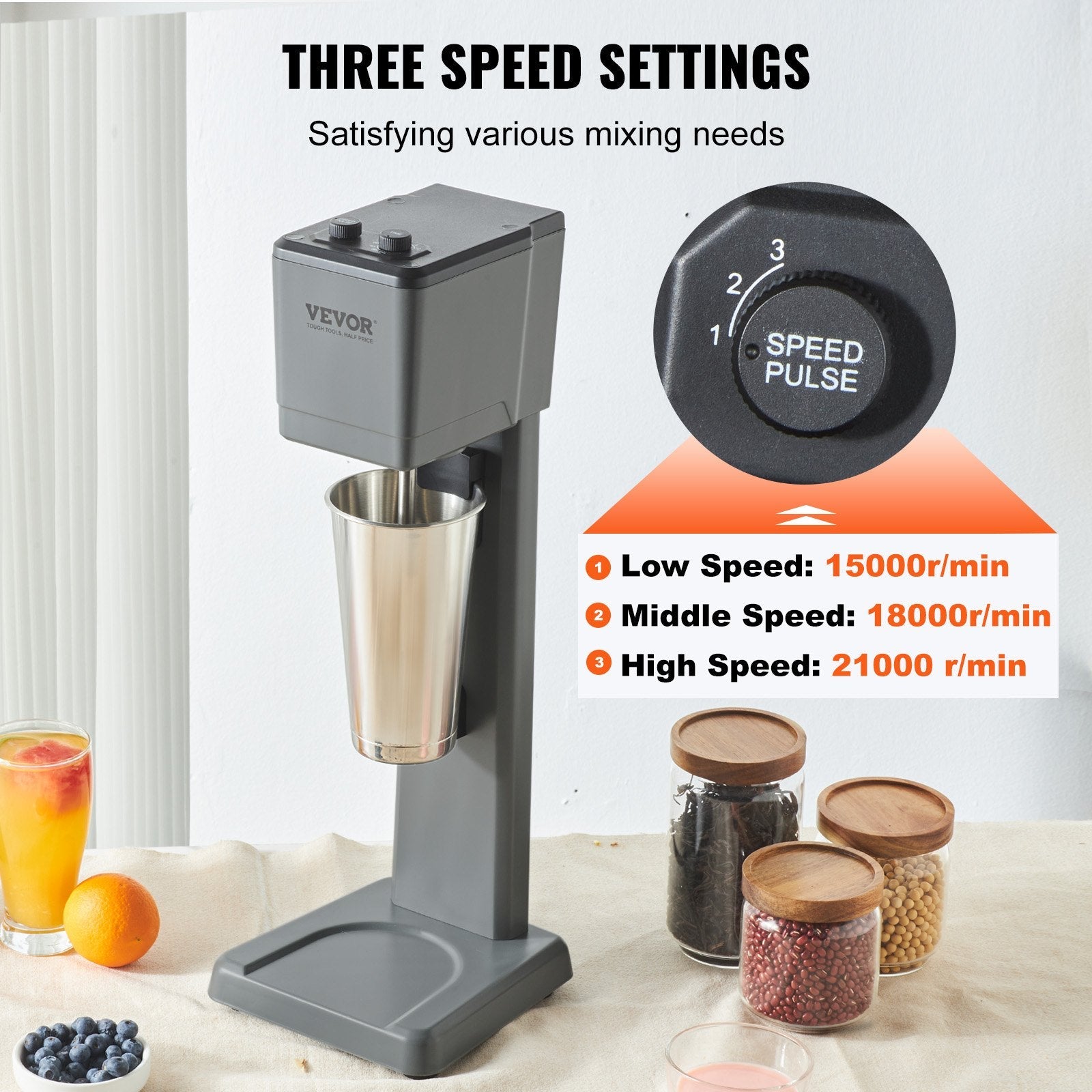 VEVOR Milkshake Maker, 375W Electric Milkshake Machine, Single Head Drink Mixer Blender Machine, 3-Speed Milkshake Mixer with 820 ml Stainless Steel Cup, Milkshake Blender for Commercial and Home 