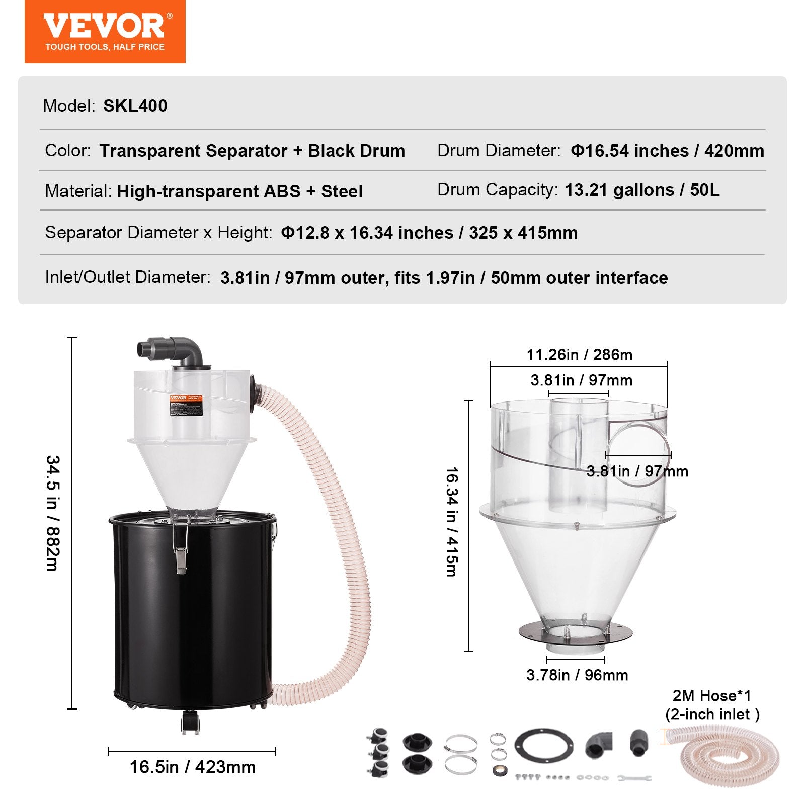 VEVOR Cyclone Dust Separator w/ Tank Vacuum Cleaner Separator 4" for 13 Gal Tank 