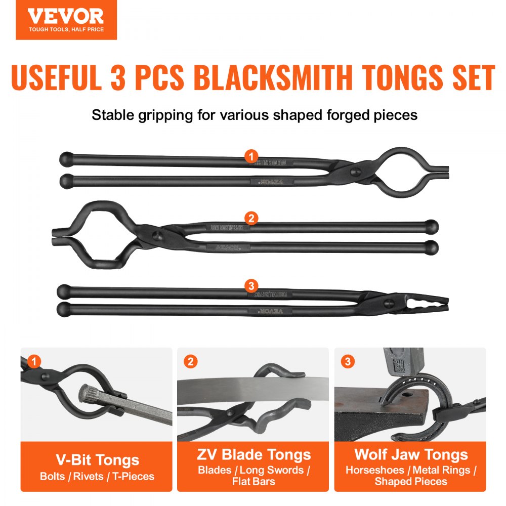 VEVOR Blacksmith Tongs, 18” 3 PCS, V-Bit Bolt Tongs, Wolf Jaw Tongs and Z V-Bit Tongs, Carbon Steel Forge Tongs with A3 Steel Rivets, for Beginner and Seasoned Blacksmiths, Bladesmiths and Craftsmen 