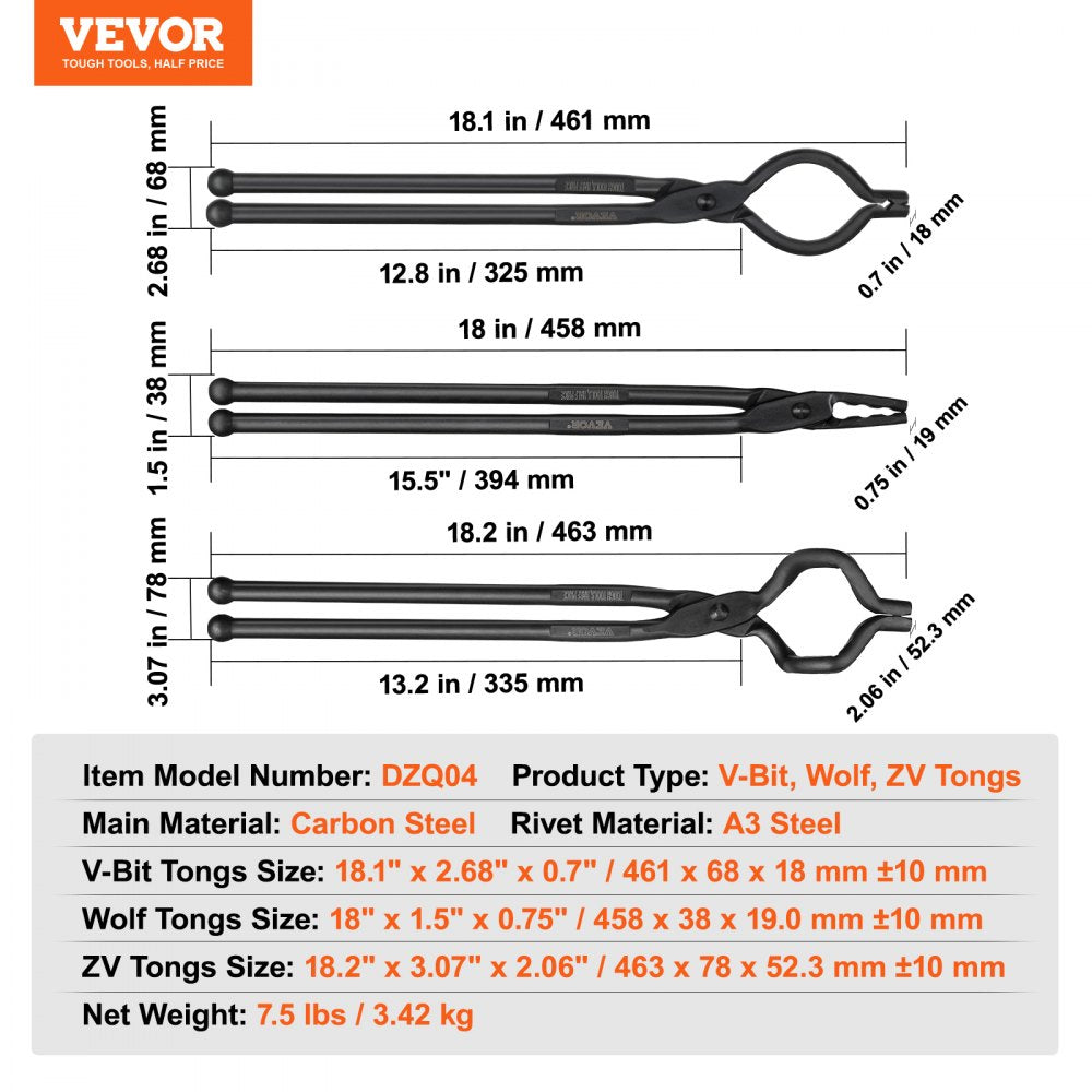 VEVOR Blacksmith Tongs, 18” 3 PCS, V-Bit Bolt Tongs, Wolf Jaw Tongs and Z V-Bit Tongs, Carbon Steel Forge Tongs with A3 Steel Rivets, for Beginner and Seasoned Blacksmiths, Bladesmiths and Craftsmen 