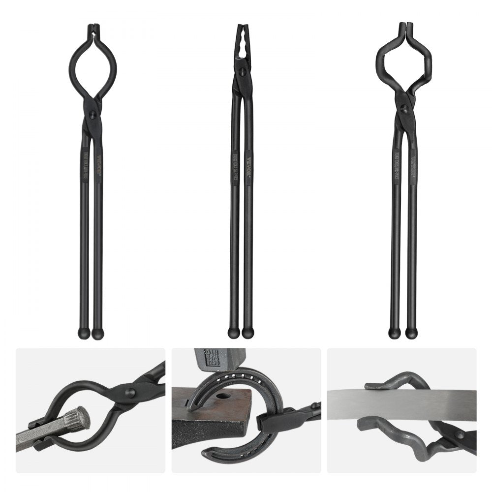 VEVOR Blacksmith Tongs, 18” 3 PCS, V-Bit Bolt Tongs, Wolf Jaw Tongs and Z V-Bit Tongs, Carbon Steel Forge Tongs with A3 Steel Rivets, for Beginner and Seasoned Blacksmiths, Bladesmiths and Craftsmen 