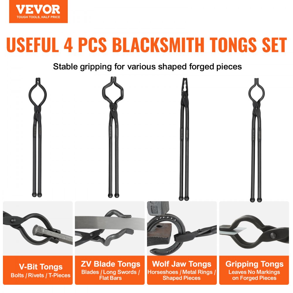 VEVOR Blacksmith Tongs, 18” 4 PCS, V-Bit Bolt Tongs, Wolf Jaw Tongs, Z V-Bit Tongs and Gripping Tongs, Carbon Steel Forge Tongs with A3 Steel Rivets, for Beginner and Seasoned Blacksmiths, Bladesmiths 