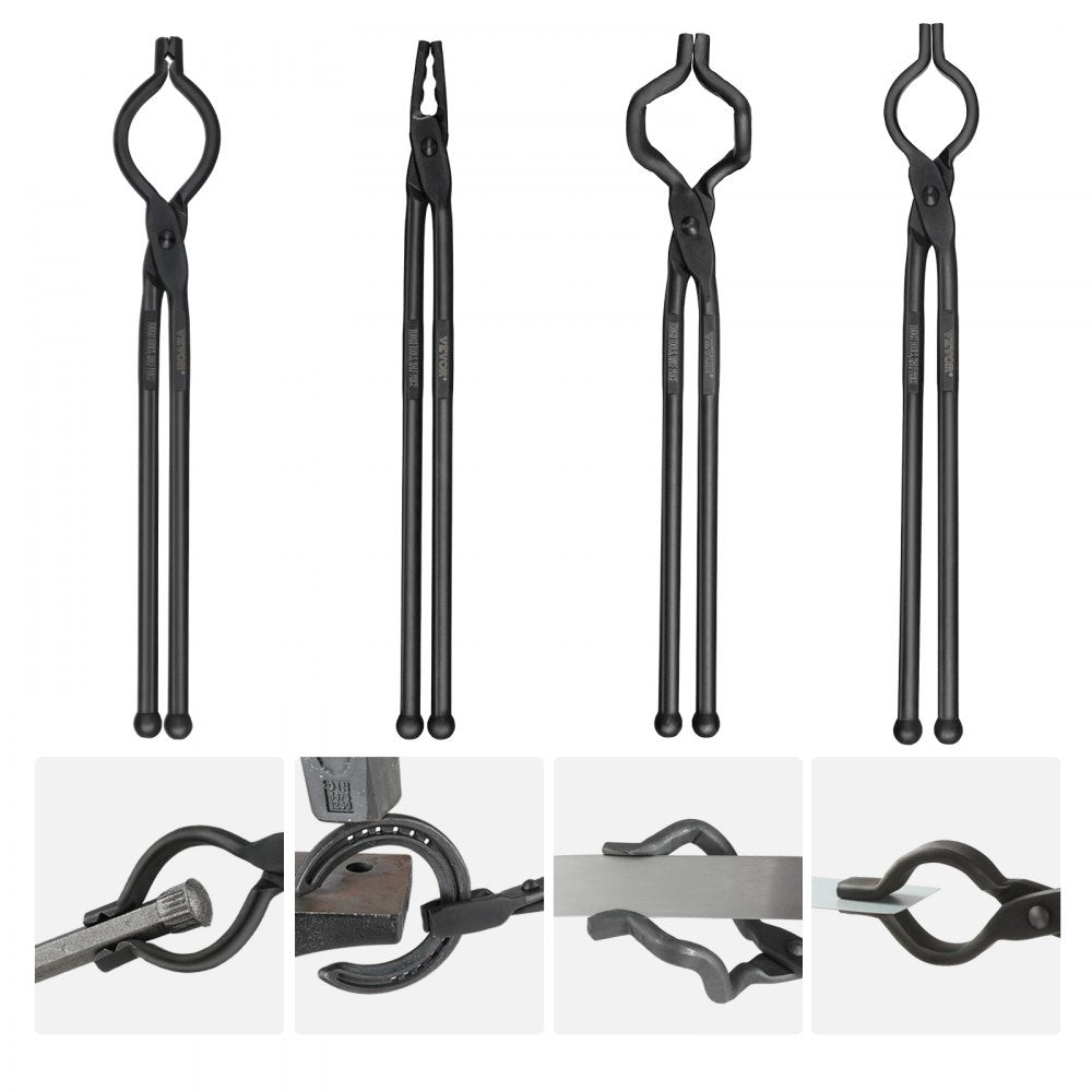 VEVOR Blacksmith Tongs, 18” 4 PCS, V-Bit Bolt Tongs, Wolf Jaw Tongs, Z V-Bit Tongs and Gripping Tongs, Carbon Steel Forge Tongs with A3 Steel Rivets, for Beginner and Seasoned Blacksmiths, Bladesmiths 