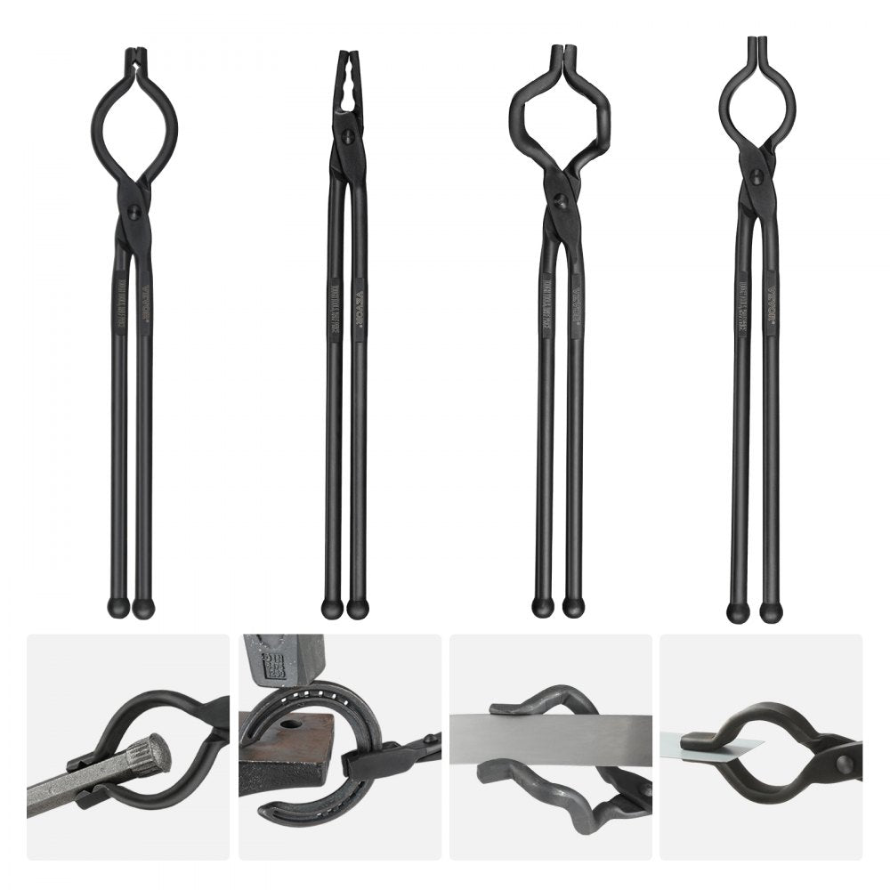VEVOR Blacksmith Tongs, 18” 4 PCS, V-Bit Bolt Tongs, Wolf Jaw Tongs, Z V-Bit Tongs and Gripping Tongs, Carbon Steel Forge Tongs with A3 Steel Rivets, for Beginner and Seasoned Blacksmiths, Bladesmiths 