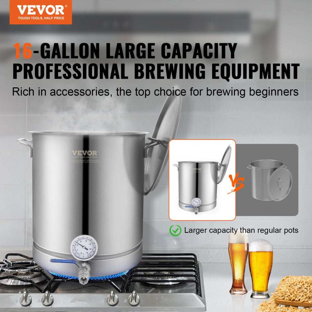 VEVOR Stainless Steel Kettle, 16 GALLON Brewing Pot, Tri Ply Bottom for Beer, Brew Kettle Pot, Home Brewing Supplies Includes Lid, Handle, Thermometer, Ball Valve Spigot, Filter, Filter Tray 