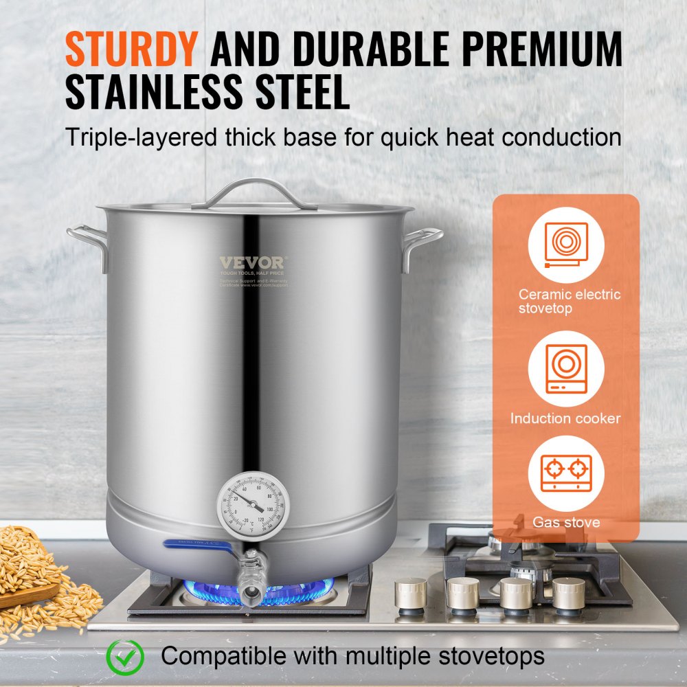 VEVOR Stainless Steel Kettle, 16 GALLON Brewing Pot, Tri Ply Bottom for Beer, Brew Kettle Pot, Home Brewing Supplies Includes Lid, Handle, Thermometer, Ball Valve Spigot, Filter, Filter Tray 