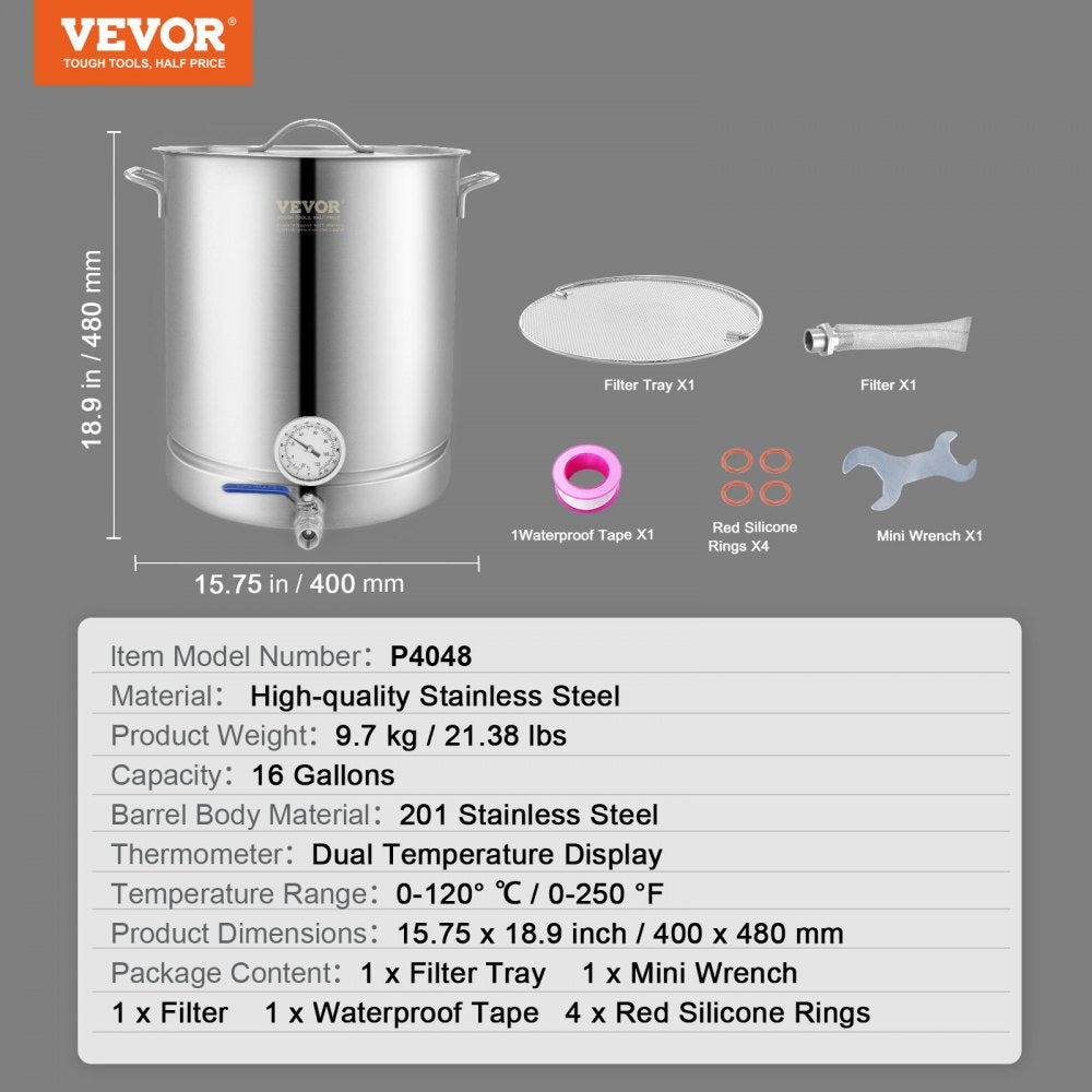 VEVOR Stainless Steel Kettle, 16 GALLON Brewing Pot, Tri Ply Bottom for Beer, Brew Kettle Pot, Home Brewing Supplies Includes Lid, Handle, Thermometer, Ball Valve Spigot, Filter, Filter Tray 