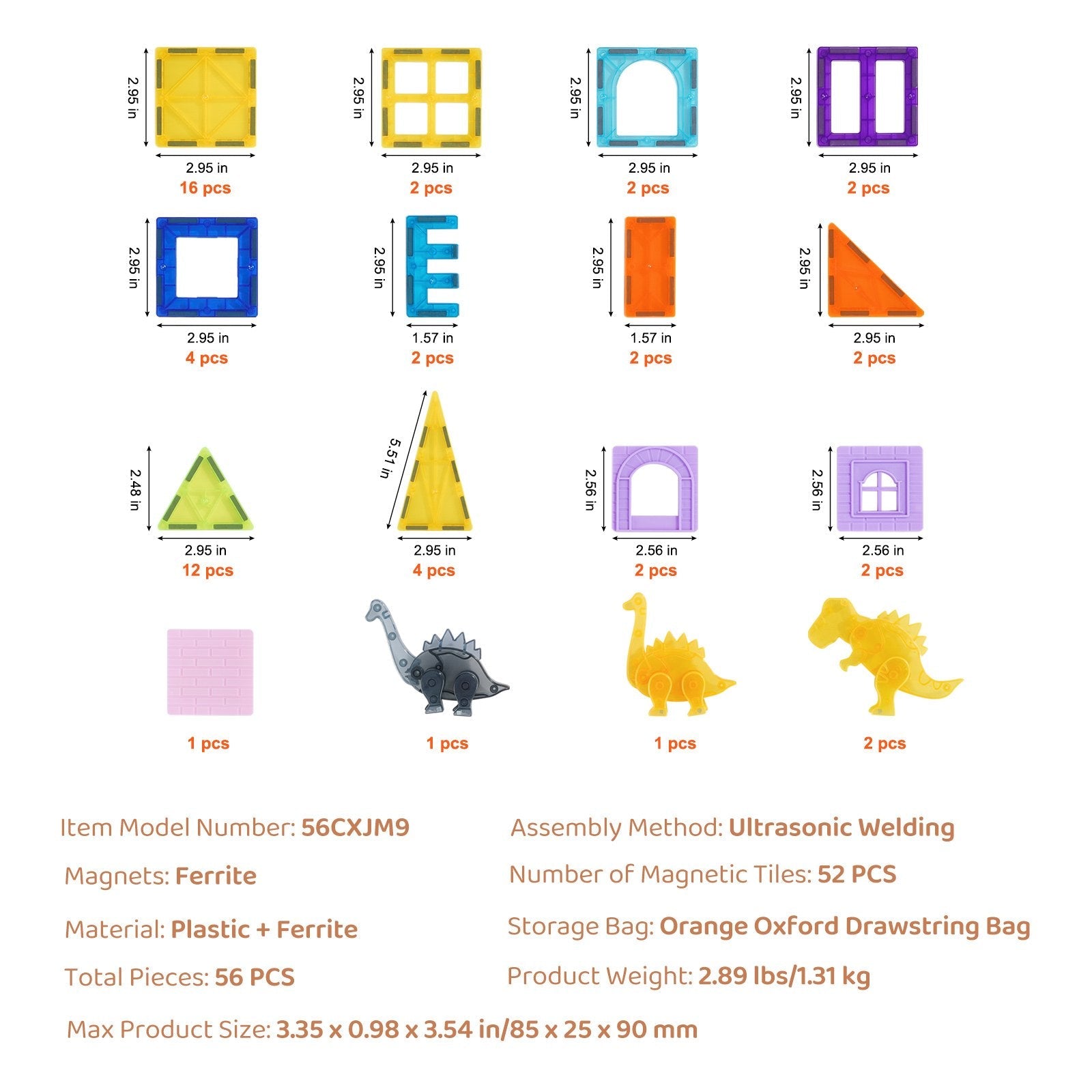 VEVOR Magnetic Tiles Magnetic Building Toy 56 PCS Magnet Blocks for Kids 3D Set 