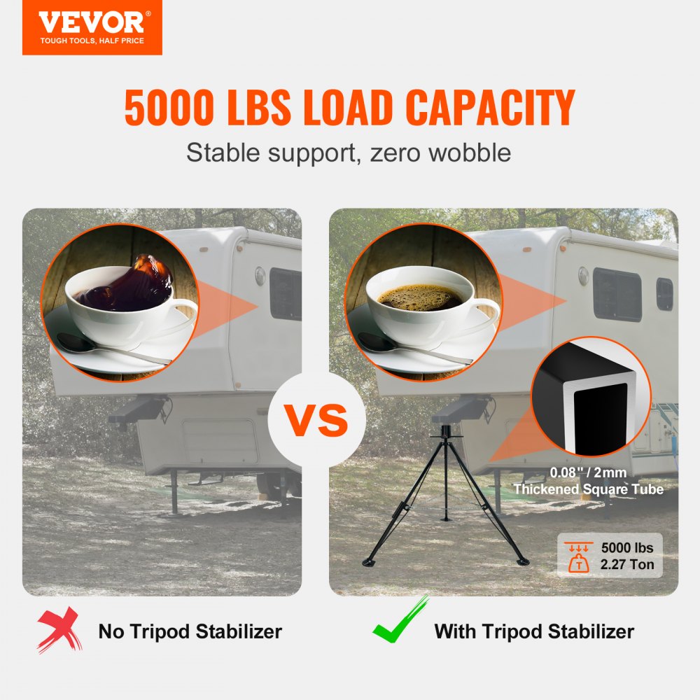 VEVOR 5th Wheel Tripod Stabilizer, 5000 LBS Load Capacity Tripod Fifth Wheel Stabilizer, 35"-57" Adjustable Height RV Gooseneck Stabilizer, Tripod Jack for Fifth-Wheel Trailers, RVs, and Campers 