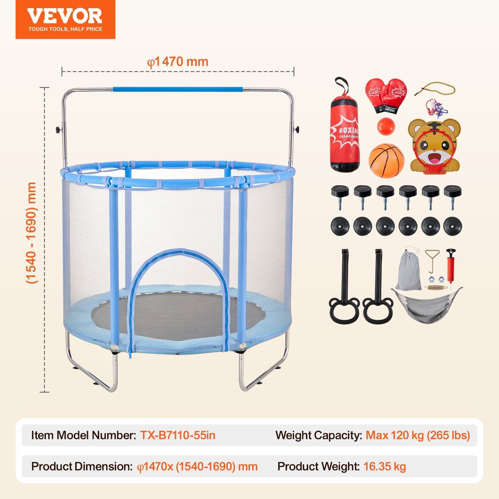 VEVOR 55" Trampoline for Kids Mini Toddler Trampoline with Net Indoor Outdoor 